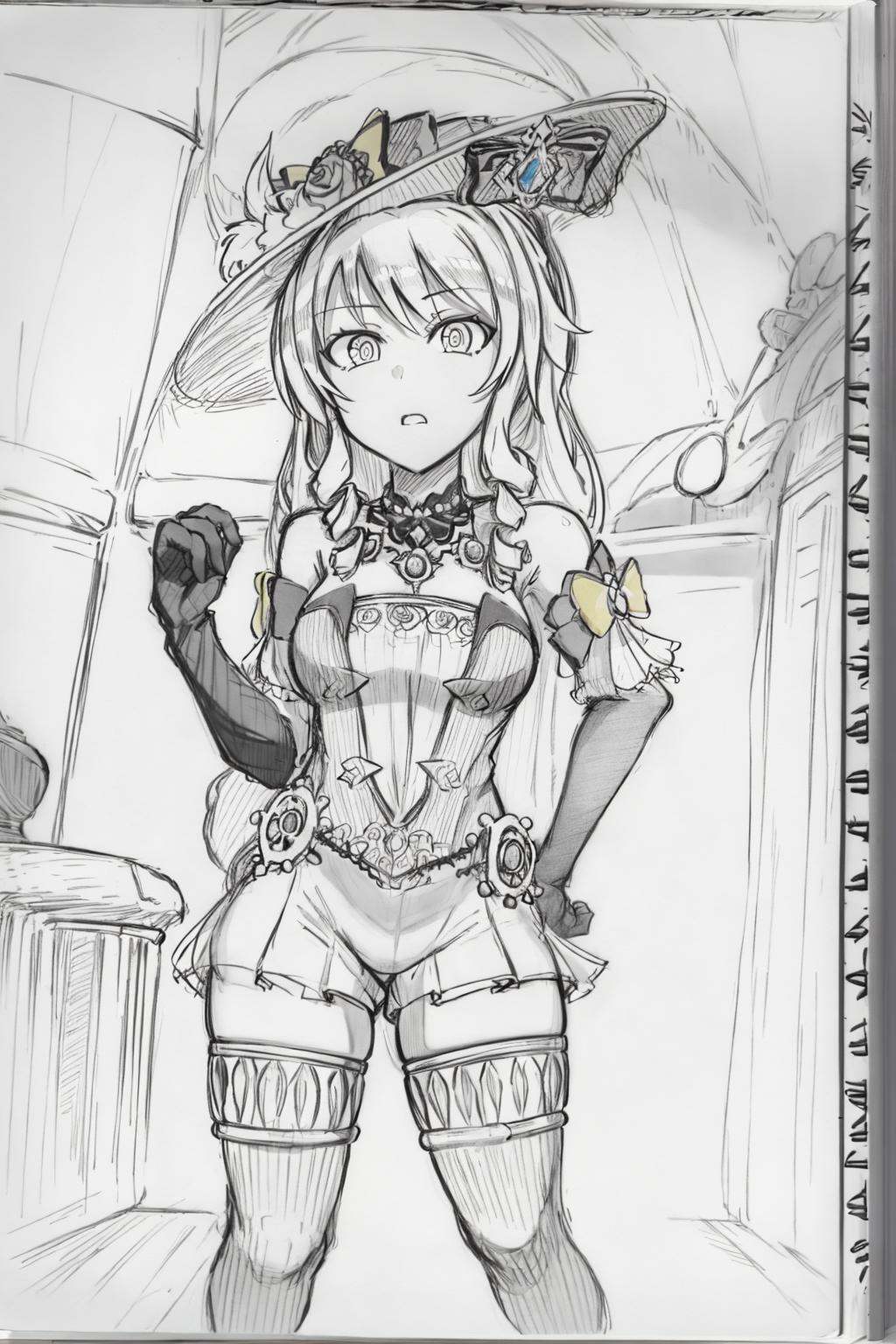 masterpiece, best quality, <lora:style18-v2:1>,sketch, monochrome, greyscale, traditional media,<lora:navia:1>,1girl, solo, hat,long hair, gloves, drill hair, dress, thighhighs,black gloves, thigh boots, bangs, elbow gloves, bare shoulders, parasol, boots, jewelry, flower, twin drills, 