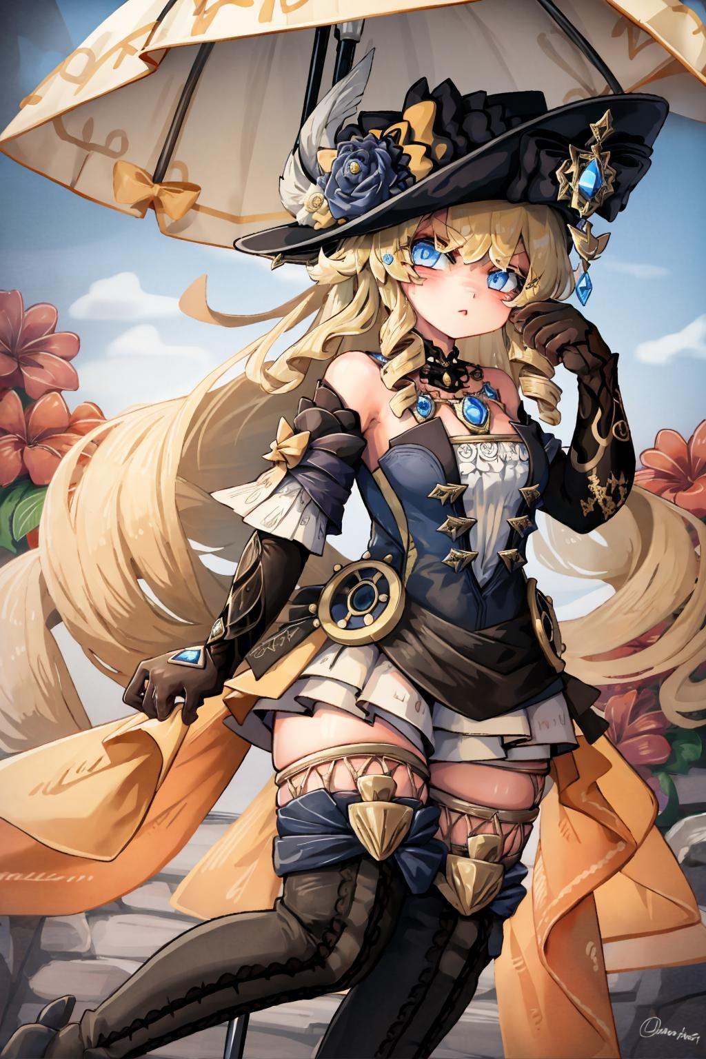 masterpiece, best quality, <lora:style20:1>,chibi,<lora:navia:1>,1girl, blonde hair, solo, hat, blue eyes, long hair, gloves, drill hair, dress, thighhighs,black gloves, black headwear, thigh boots, bangs, elbow gloves, bare shoulders, parasol, boots, jewelry, flower, twin drills, 