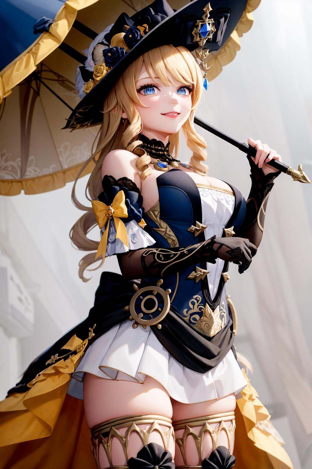 masterpiece, best quality, <lora:navia:1>,1girl, hat,blonde hair, long hair, drill hair, twin drills,blue eyes, jewelry, flower,  bare shoulders,  black gloves,dress, thighhighs,  thigh boots, boots,parasol,umbrella, holding umbrella,grey background, cowboy shot, smile