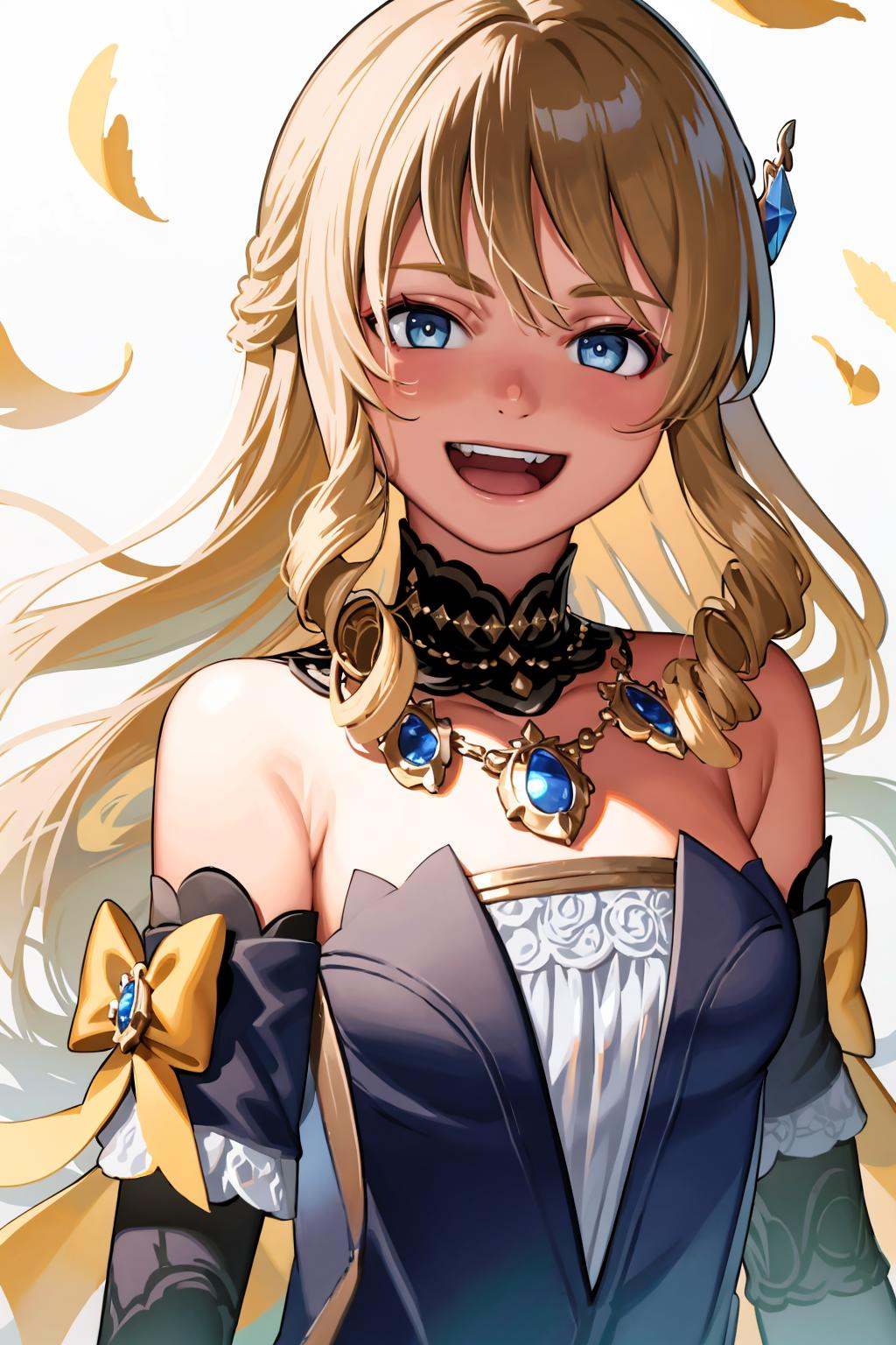 masterpiece, best quality, <lora:navia:1>, <lora:comiclo:1>,1girl, long hair, blue eyes, solo, blonde hair, smile, hair ornament, hair flower, flower, looking at viewer, dress, petals, bangs, upper body, white background, black dress, open mouth, bare shoulders