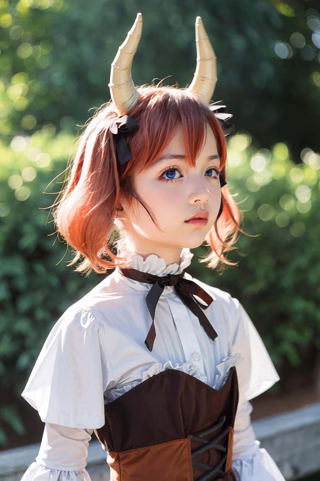 masterpiece, best quality,8K,realistic, High definition, photography, depth of field,HDR, highres,(photoshop \(medium\):1.2) , <lora:ri-nie:1>,1girl, solo, horns, twintails, blue eyes, breasts, ribbon, pink hair, corset, long sleeves, looking at viewer, hair ribbon, upper body, blush, orange hair