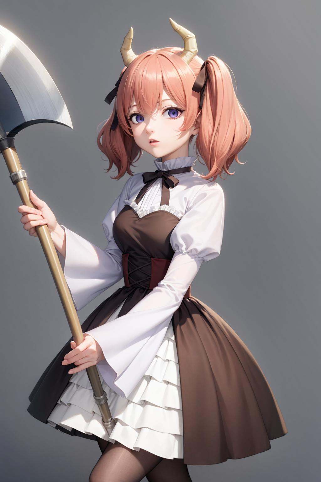 masterpiece, best quality,  <lora:ri-nie:1>,1girl,  horns, pink hair,twintails,hair,ribbon,bow,purple eyes,juliet sleeves, long sleeves,  brown dress,corset,pantyhose, holding, holding axe,battle axe, grey background, cowboy shot, closed mouth, 