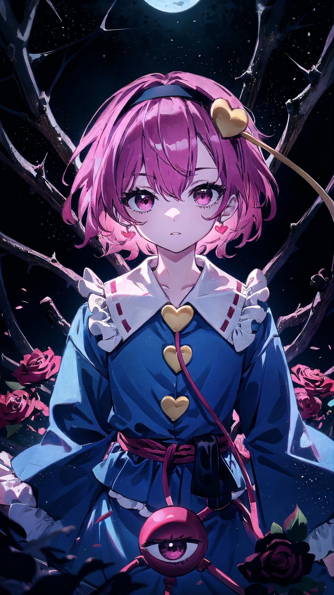  1girl, komeiji_satori, solo, looking_at_viewer, short_hair, bangs, shirt, hair_ornament, red_eyes, upper_body, pink_hair, flower, heart, hairband, frills, parted_lips, hair_flower, medium_hair, hair_over_one_eye, blood, buttons, floating_hair, rose, blue_shirt, plant, black_background, blouse, red_flower, third_eye, frilled_shirt_collar, red_rose, heart_hair_ornament, vines, thorns, heart_button, backlight, komeiji satori