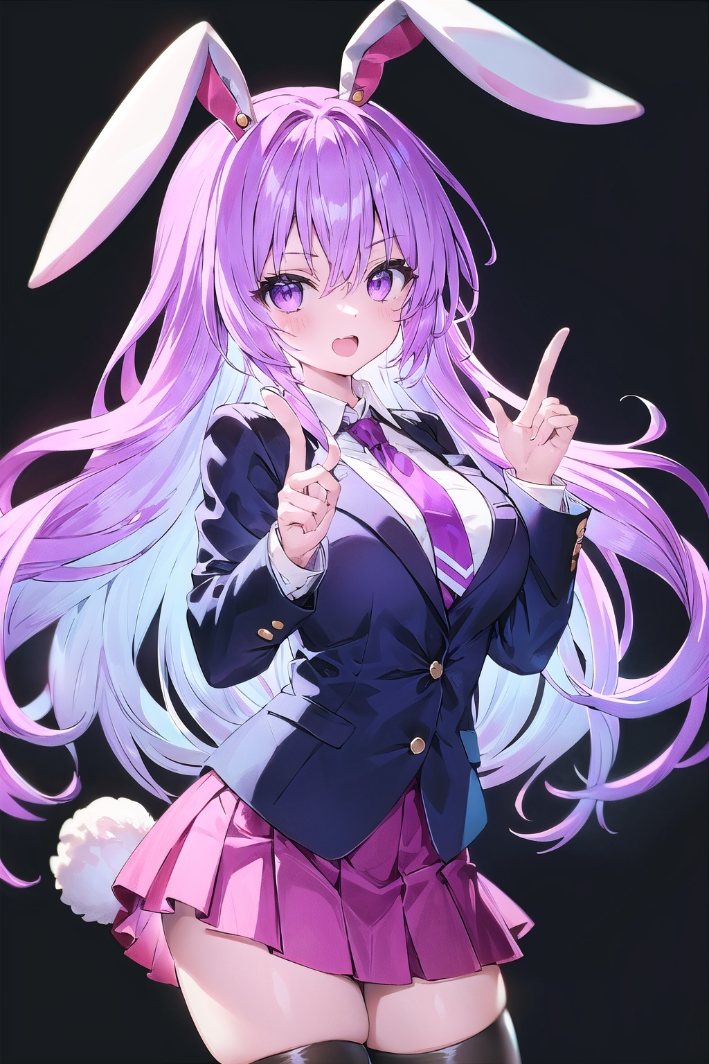  1girl, reisen_udongein_inaba, solo, long_hair, breasts, looking_at_viewer, open_mouth, bangs, skirt, shirt, thighhighs, long_sleeves, animal_ears, hair_between_eyes, medium_breasts, purple_eyes, jacket, tail, white_shirt, pink_hair, purple_hair, pleated_skirt, open_clothes, necktie, teeth, collared_shirt, black_thighhighs, pink_eyes, rabbit_ears, open_jacket, zettai_ryouiki, black_jacket, upper_teeth_only, blazer, red_necktie, black_background, rabbit_tail, pink_skirt, purple_skirt, rabbit_girl, finger_gun