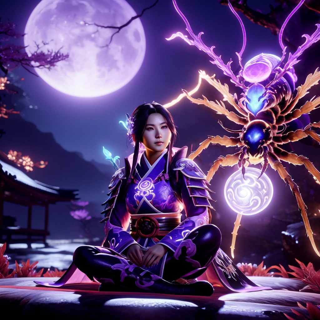 1girl GLOWING,  sitting next to a purple spider,  niohxlguardiansprt on Tensor.Art