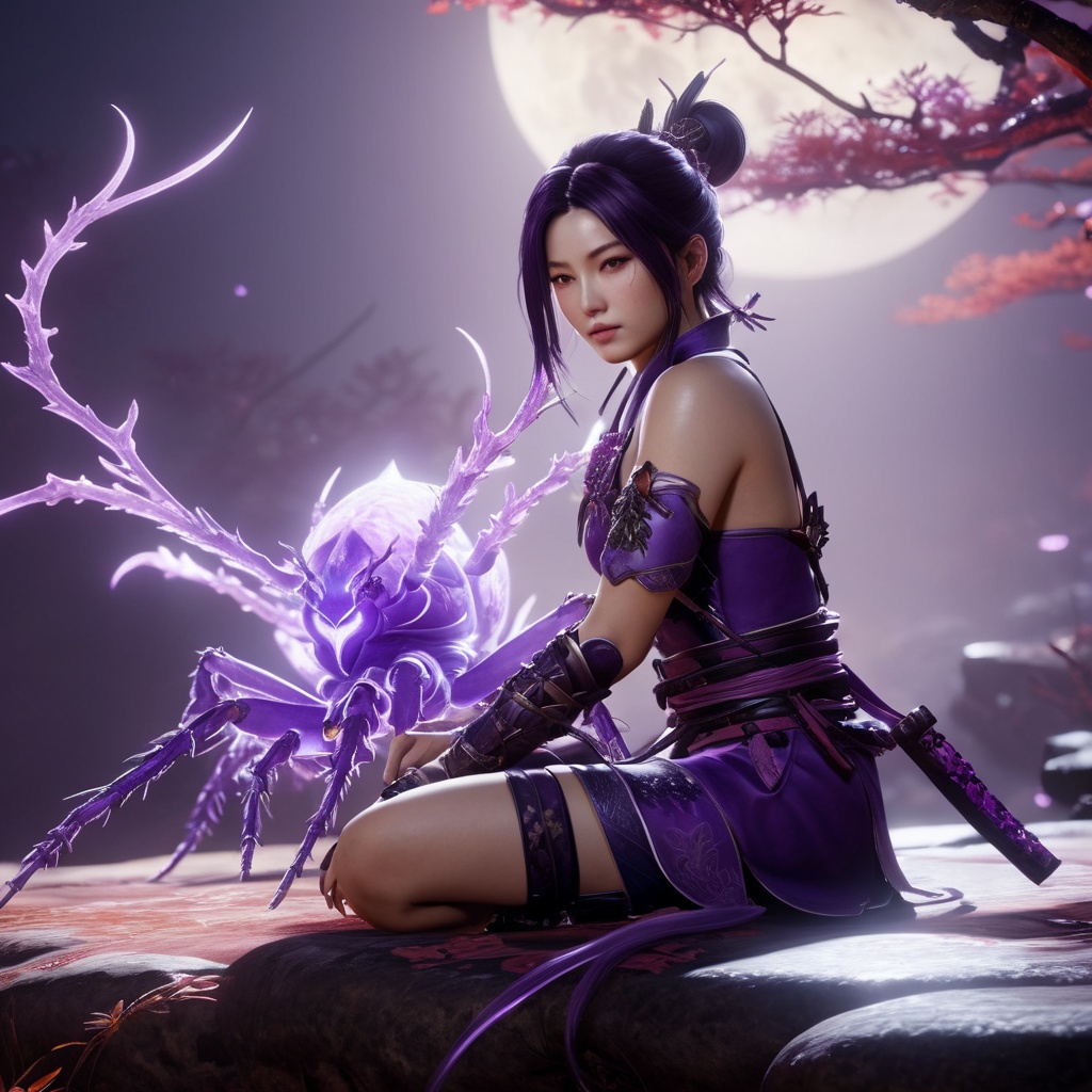 1girl,  sitting next to a purple spider,  niohxlguardiansprt on Tensor.Art