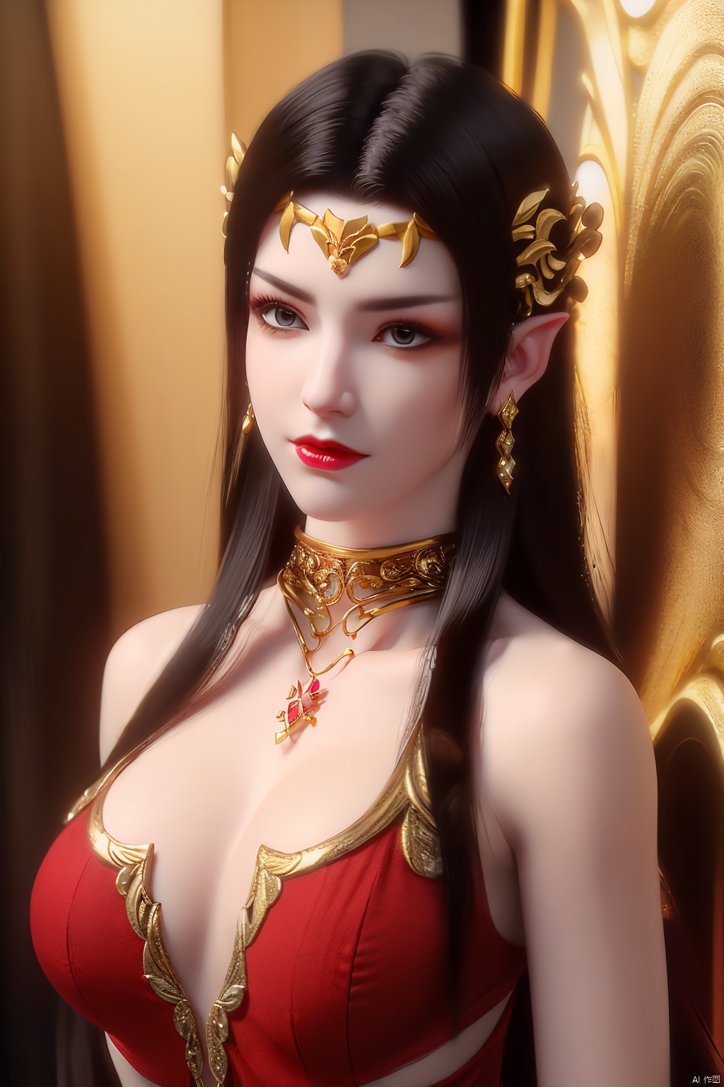 (8k, RAW photo, best quality, masterpiece:1.2), ,ultra-detailed, ,(extremely delicate and beautiful),hair ornament1girl, solo, jewelry, pointy ears, long hair, clothing cutout, earrings, , dress, breasts, arms up, red dress, brown hair, looking at viewer,, navel, black hair,1girl, solo, pointy ears, jewelry, long hair, earrings, breasts, clothing cutout,, navel, brown hair, looking at viewer, black hair, upper body,Black silk bra,Black silk , 1girl,portrait,,solo,earrings,jewelry,,huge breast,,collarbone,,upper body,red lips,(white skin),,((( jewelry,,kneeling,skin glory,hair ornament,Black silk ))),arm behind back,looking at viewer, , mds