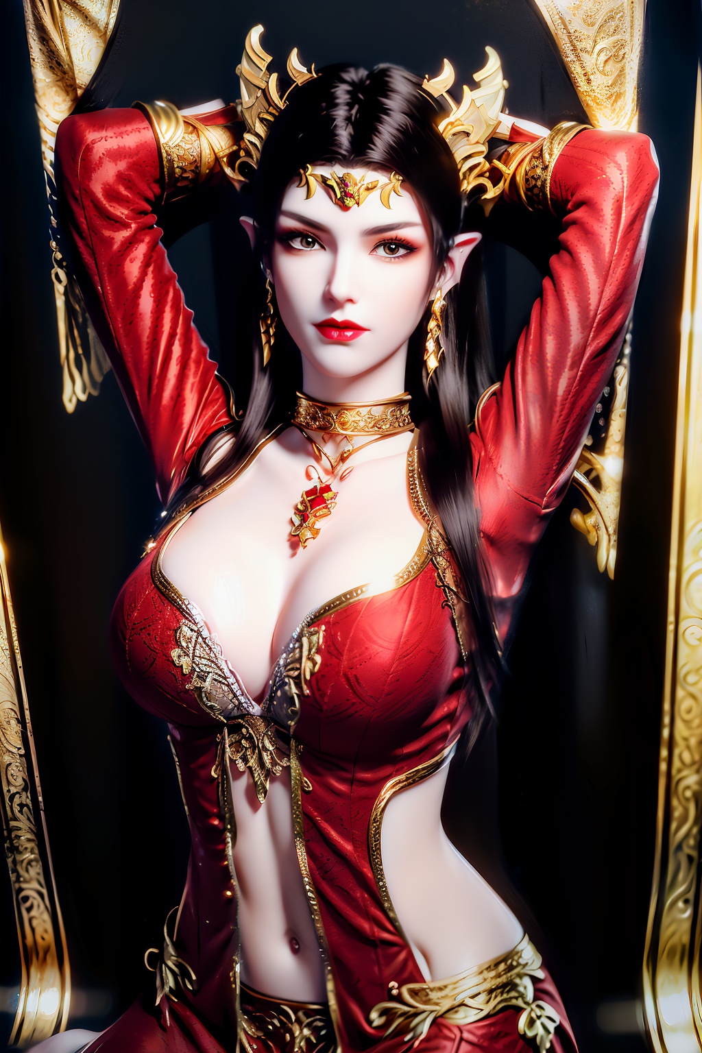 (8k, RAW photo, best quality, masterpiece:1.2),
,ultra-detailed,
,(extremely delicate and beautiful),hair ornament1girl, solo, jewelry, pointy ears, long hair, clothing cutout, earrings, , dress, breasts, arms up, red dress,  brown hair, looking at viewer,, navel, black hair,1girl, solo, pointy ears, jewelry, long hair, earrings, breasts, clothing cutout,, navel, brown hair, looking at viewer, black hair, upper body,Black silk bra,Black silk ,
1girl,portrait,,solo,earrings,jewelry,,huge breast,,collarbone,,upper body,red lips,(white skin),,((( jewelry,,kneeling,skin glory,hair ornament,Black silk ))),arm behind back,looking at viewer,   ,