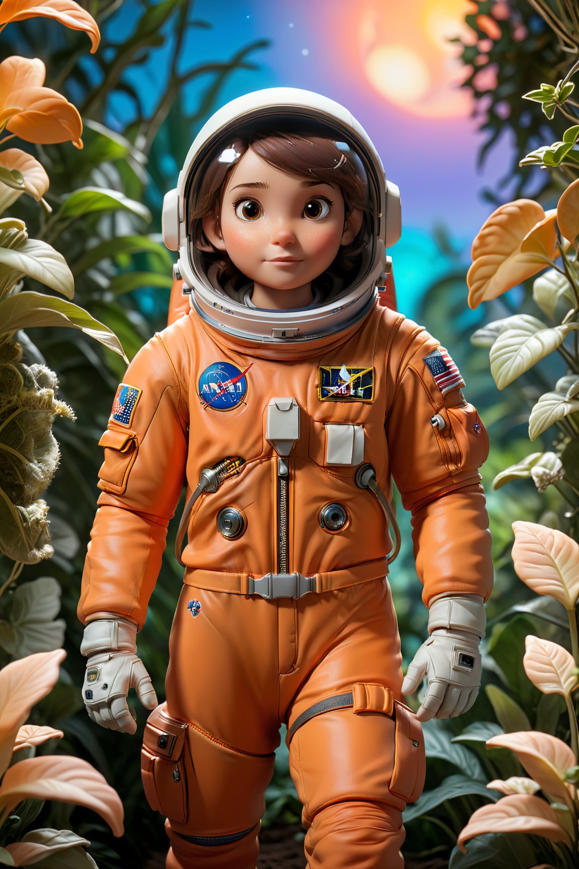 An astronaut in an orange astronaut outfit,  standing against a sunset background. The astronaut is positioned front facin...