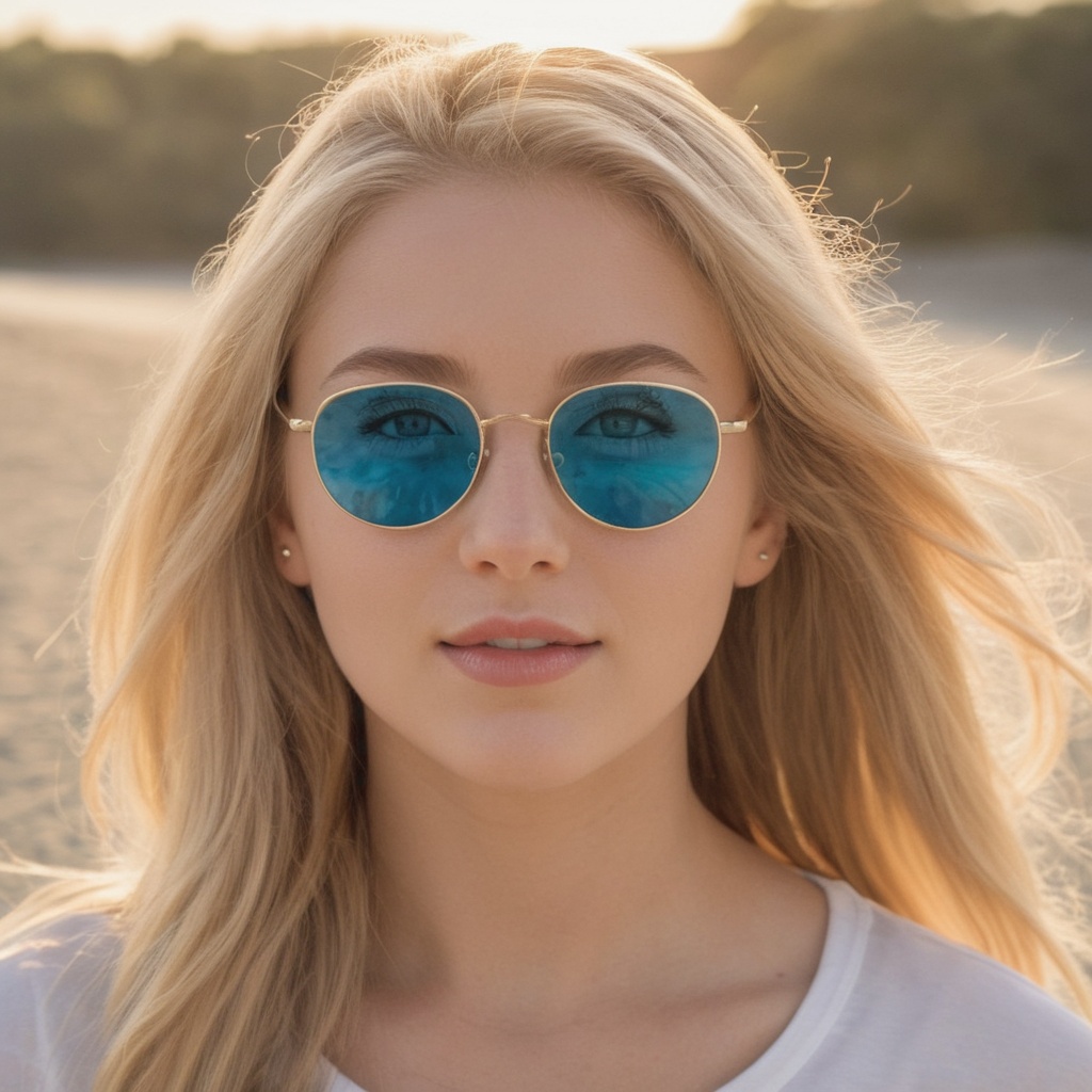 "A photorealistic portrait of a 25-year-old American girl with long,  flowing blonde hair and striking blue eyes with sung...