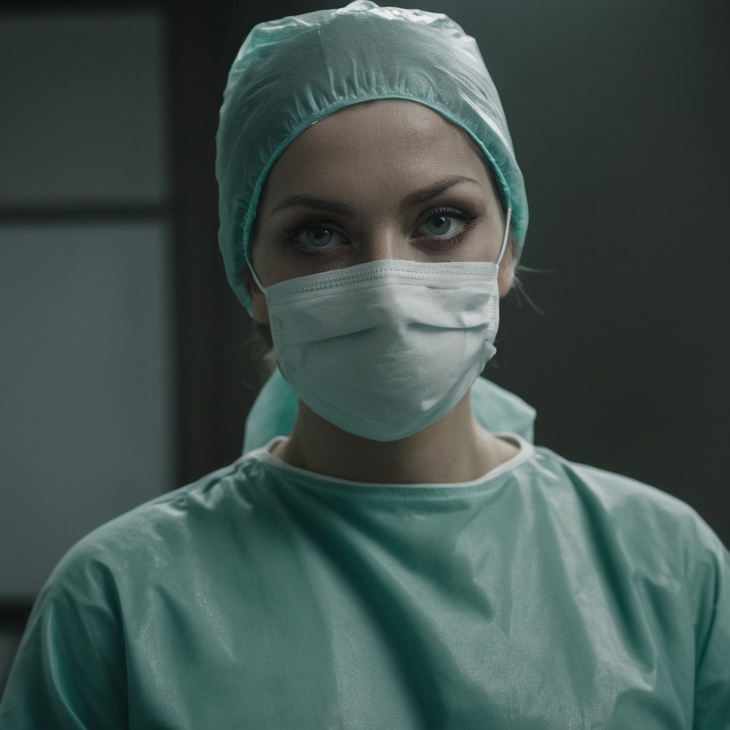 Dark Fantasy Art of cinematic film still of Epic Creative Scene a 1970'swoman wearing a surgical mask and green scrub suit...