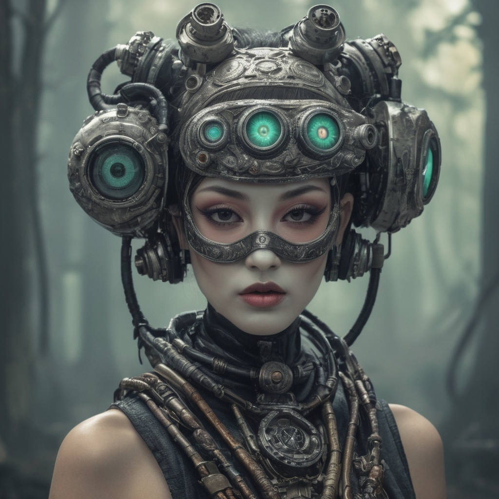 Cyberpunk gothic art deco biomechanical geisha shaman,  plasma gun in grip,  reflection-weathered goggles on Tensor.Art