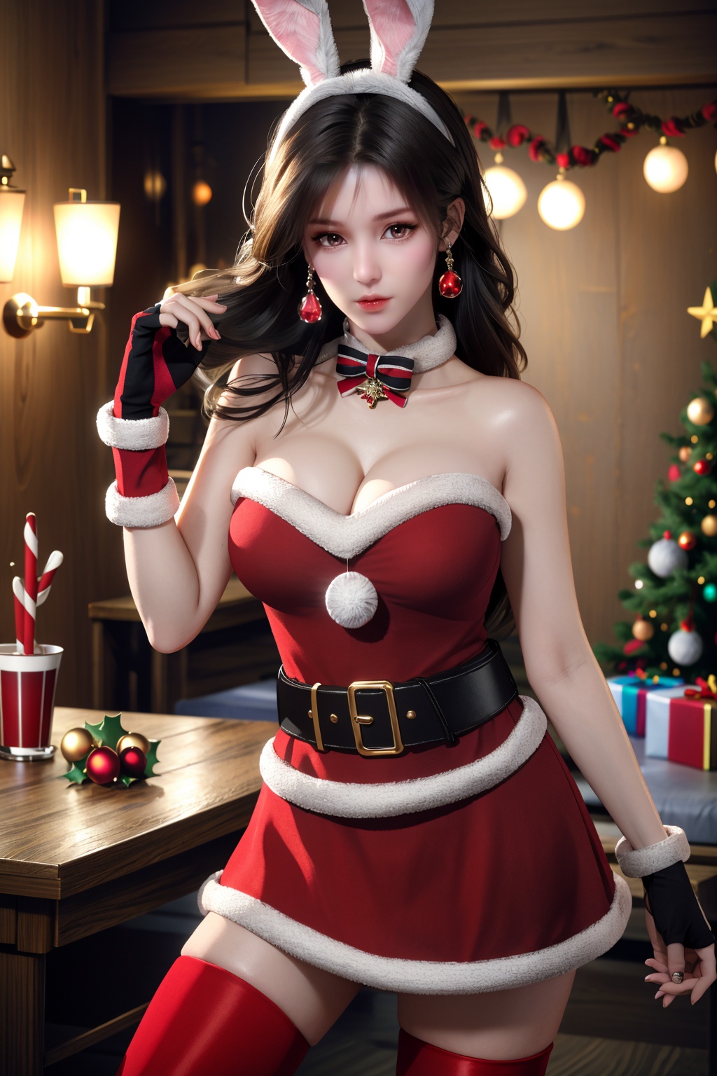 (8k, RAW photo, best quality, masterpiece:1.2),hatching (texture),skin gloss,light persona,
(high detailed skin),glossy skin,
1girl,solo,very long hair,rabbit ears,animal ears,bare shoulders,belt,christmas,red dress,fingerless gloves,santa costume,striped thighhighs,
xwhd,looking at viewer,