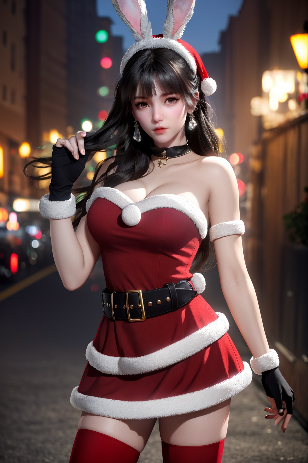 (8k, RAW photo, best quality, masterpiece:1.2),hatching (texture),skin gloss,light persona,
(high detailed skin),glossy skin,
1girl,solo,very long hair,rabbit ears,animal ears,bare shoulders,belt,christmas,red dress,fingerless gloves,santa costume,striped thighhighs,
xwhd,looking at viewer,