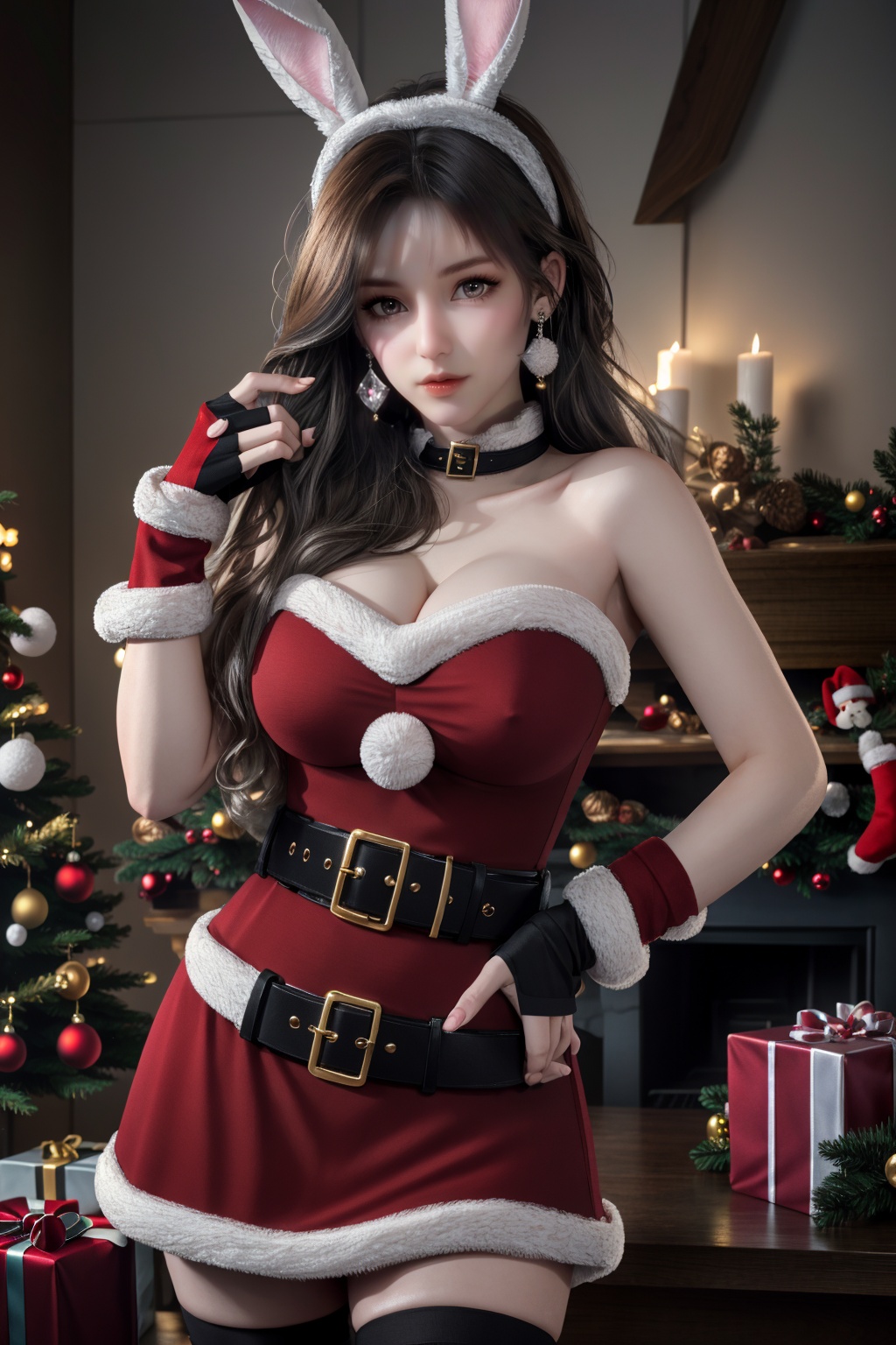 (8k, RAW photo, best quality, masterpiece:1.2),hatching (texture),skin gloss,light persona,
(high detailed skin),glossy skin,
1girl,solo,very long hair,rabbit ears,animal ears,bare shoulders,belt,christmas,red dress,fingerless gloves,santa costume,striped thighhighs,
xwhd,looking at viewer,