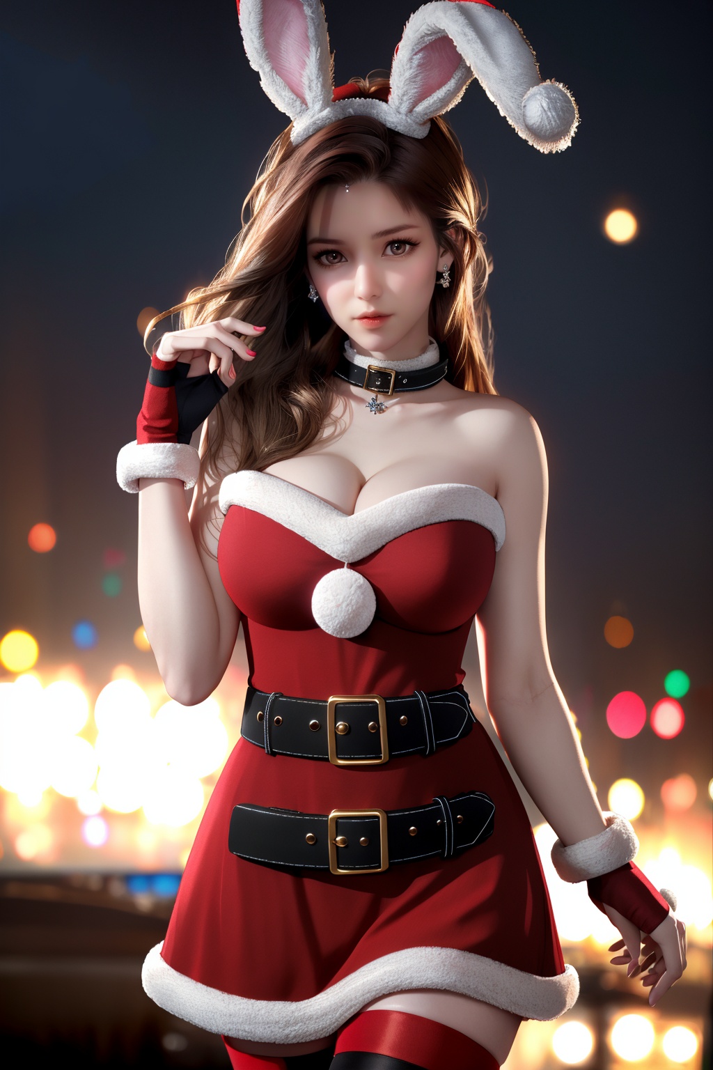 (8k, RAW photo, best quality, masterpiece:1.2),hatching (texture),skin gloss,light persona,
(high detailed skin),glossy skin,
1girl,solo,very long hair,rabbit ears,animal ears,bare shoulders,belt,christmas,red dress,fingerless gloves,santa costume,striped thighhighs,
xwhd,looking at viewer,