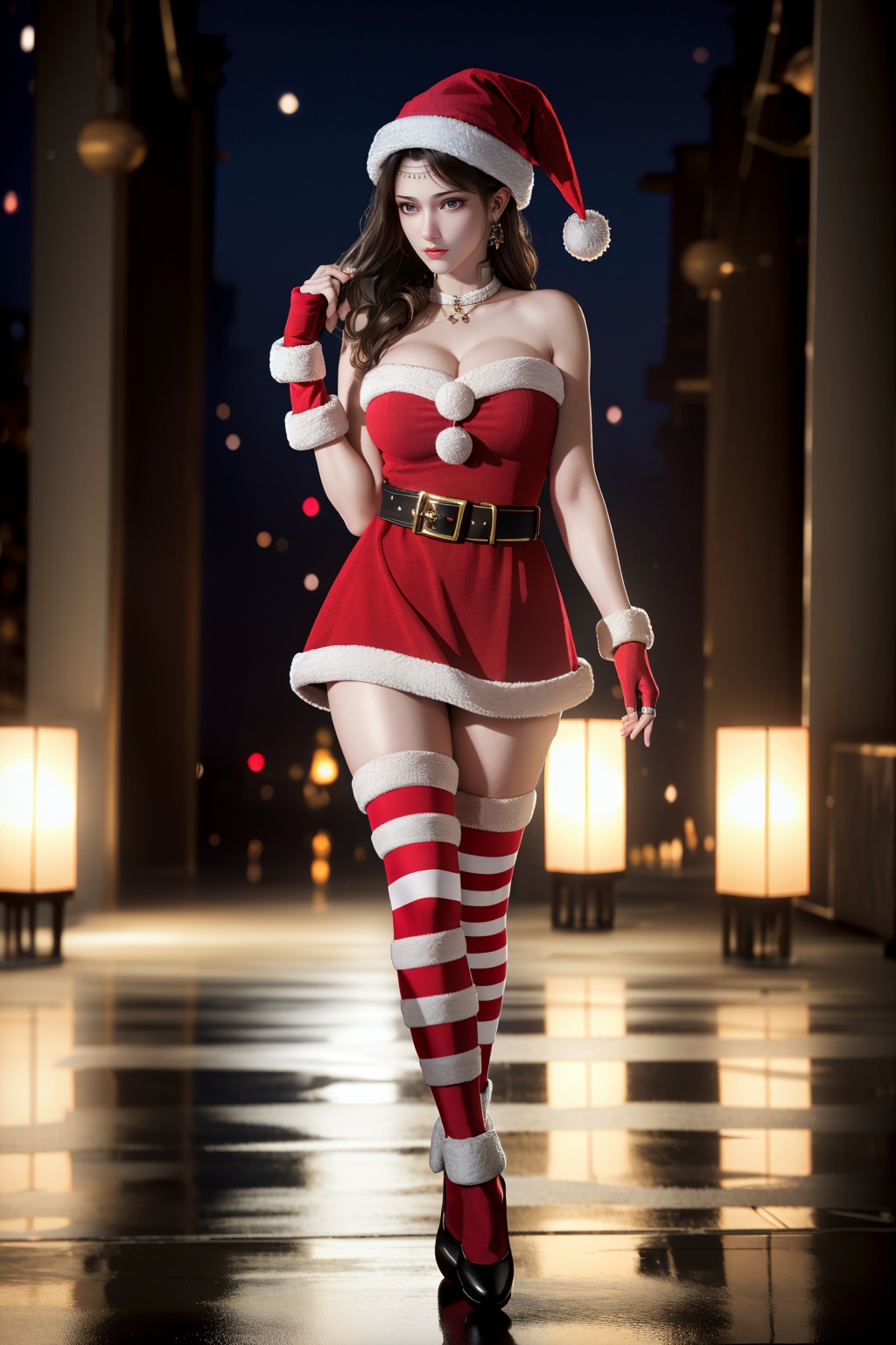  (8k, RAW photo, best quality, masterpiece:1.2),hatching (texture),skin gloss,light persona,
(high detailed skin),glossy skin,
1girl,solo,very long hair,Santa's Hat,bare shoulders,belt,christmas,red dress,fingerless gloves,santa costume,striped thighhighs,(full_body:1.2),
xwhd,looking at viewer,