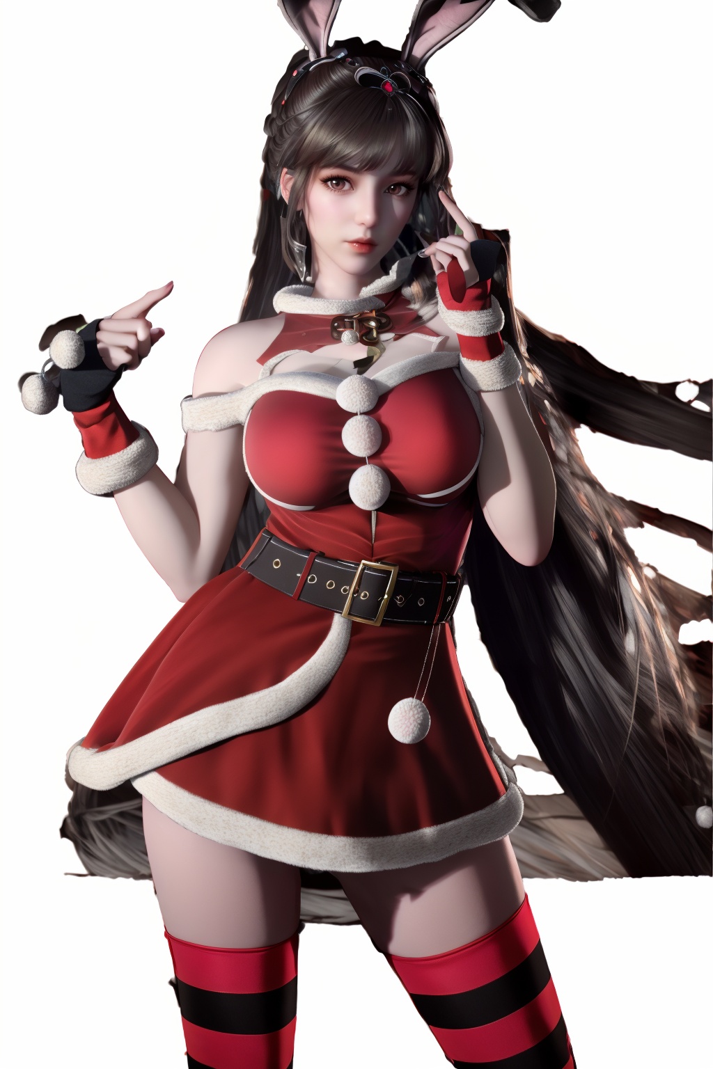 (8k, RAW photo, best quality, masterpiece:1.2),hatching (texture),skin gloss,light persona,
(high detailed skin),glossy skin,
1girl,solo,very long hair,rabbit ears,animal ears,bare shoulders,belt,christmas,red dress,fingerless gloves,santa costume,striped thighhighs,
xwhd,looking at viewer,