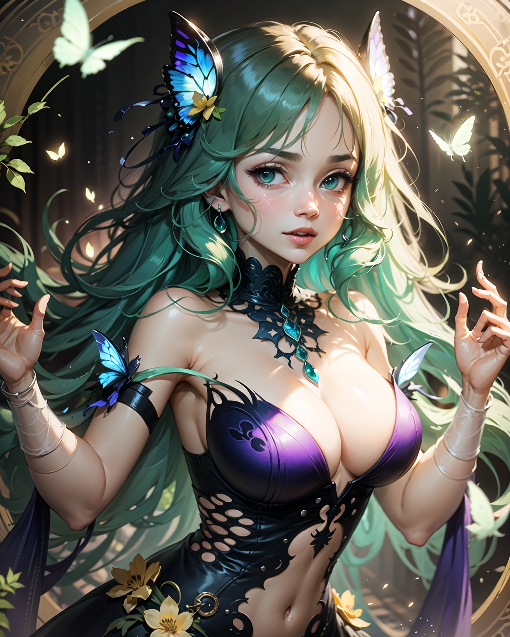 (masterpiece, best quality)),(detail face,perfect face),upper_body,bust,portrait,lol style,game cg,Dynamic angle,1girl,very_long_hair,green_hair,solo,fairy,glowing_butterfly,dancing,butterfly_hair_ornament,butterfly_wings,fairy_wings,animal,elbow_gloves,bird,(botanical garden:1.2),magic circles,(colourful glass),(complex background:1.1),bright,glowing,illuminatio,particle effects,Balance and coordination between all things,