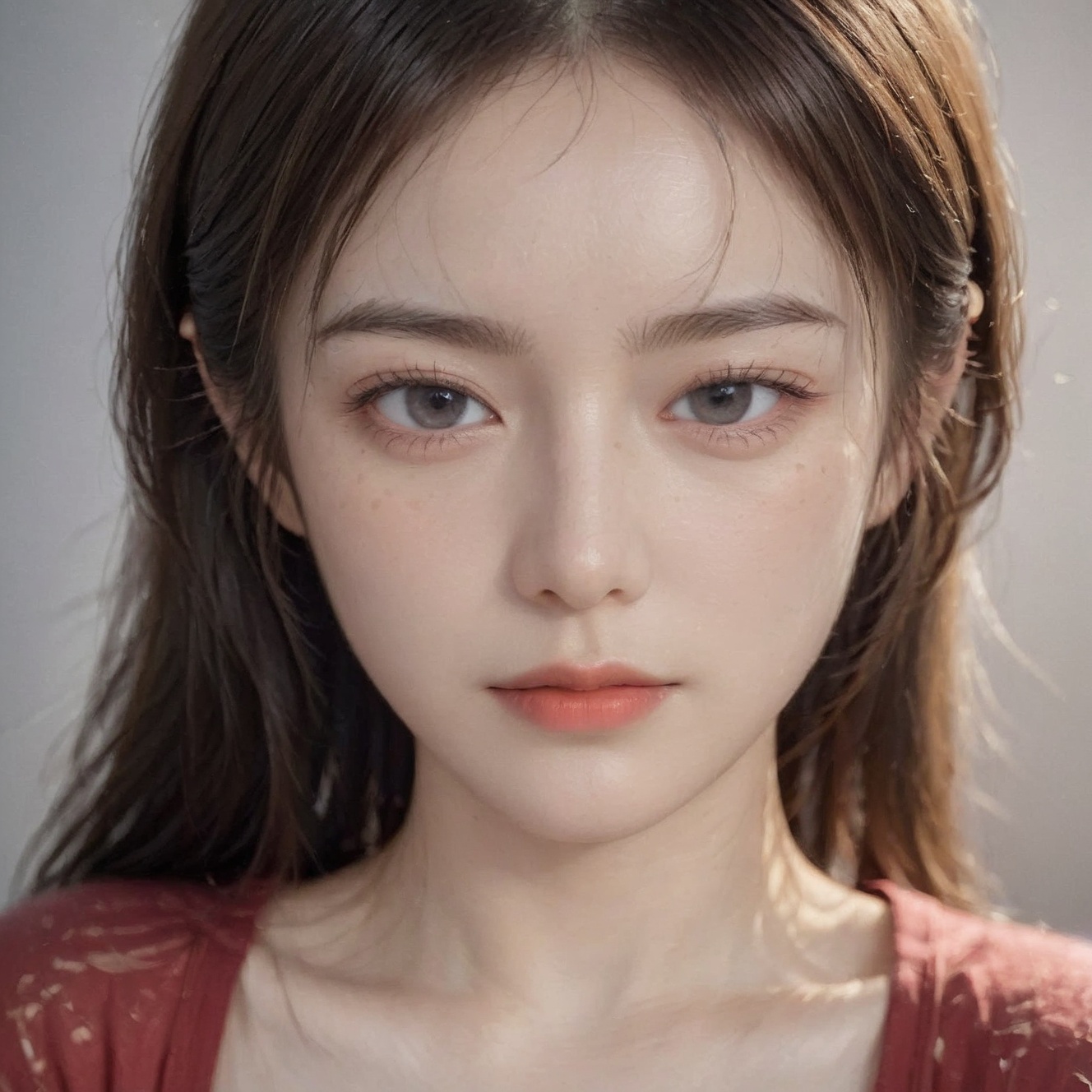 RAW photo,portrait of a beautiful woman wearing a red shirt (high detailed skin:1.2),8k uhd,dslr,soft lighting,high quality,film grain,Fujifilm XT3,upper body,cute face,eye level,focus on eyes,dappled light on face,pale skin,no make-up,detailed face and eyes,natural skin texture,highly detailed skin,textured skin,skin pores,[[[oiled shiny skin]]],skin blemish,imperfect skin,intricate skin details,visible skin detail,detailed skin texture,subsurface scattering,blush,few freckles,few moles,goosebumps,minor skin imperfections,skin pores,[[[wrinkles]]],vitiligo spots,whiteheads,blackhead,white pimples,red pimples,beauty spot,[[[[skin fuzz]]]],remarkable detailed pupils,detailed iris,very thin eyebrows,