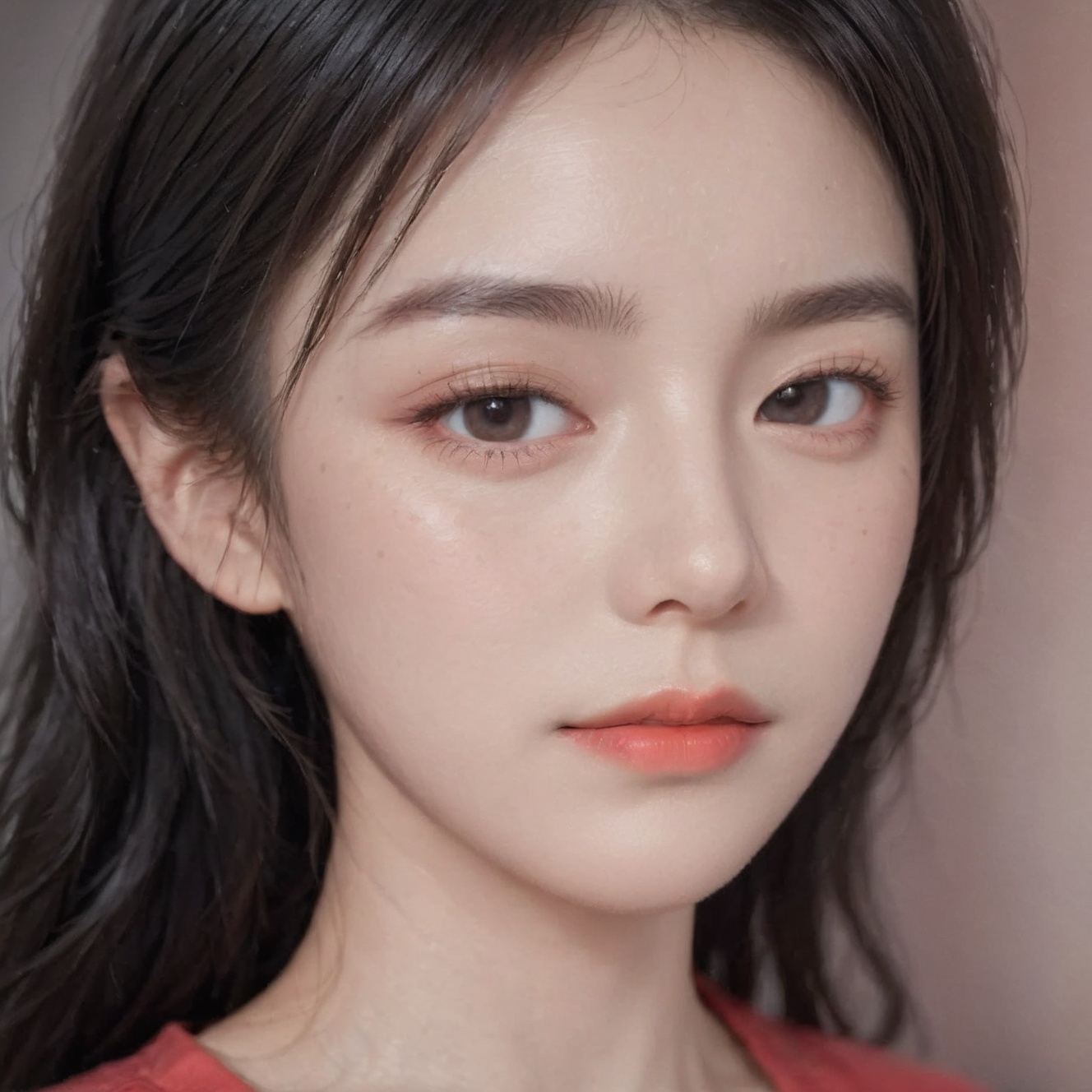 RAW photo,portrait of a beautiful black hair woman wearing a red shirt (high detailed skin:1.2),8k uhd,dslr,soft lighting,high quality,film grain,Fujifilm XT3,upper body,cute face,eye level,focus on eyes,dappled light on face,pale skin,no make-up,detailed face and eyes,natural skin texture,highly detailed skin,textured skin,skin pores,[[[oiled shiny skin]]],intricate skin details,visible skin detail,detailed skin texture,subsurface scattering,blush,skin pores,red pimples,[[[[skin fuzz]]]],remarkable detailed pupils,detailed iris,very thin eyebrows,