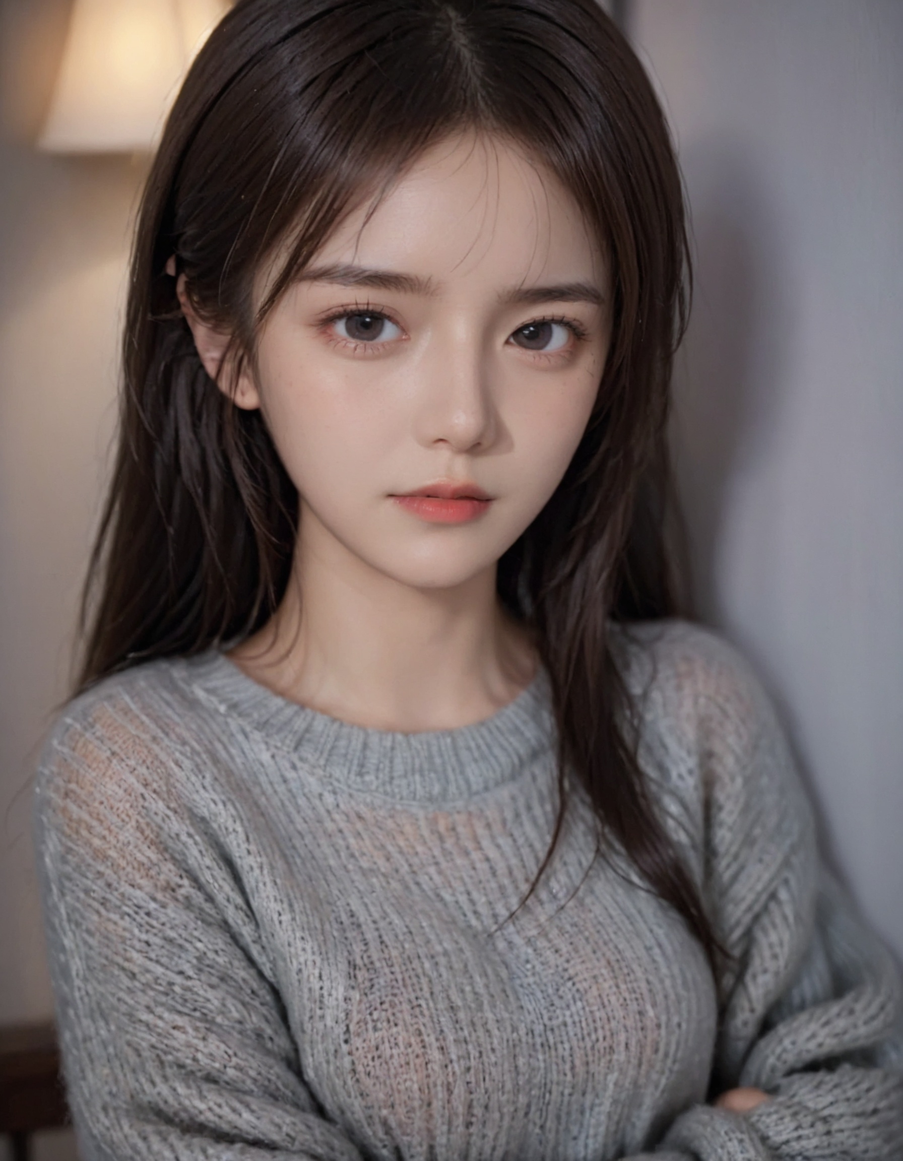 woman,cute,20yo,close-up,(natural lighting:2),(gray sweater),(thin curtain, dimly lit room:0.5),