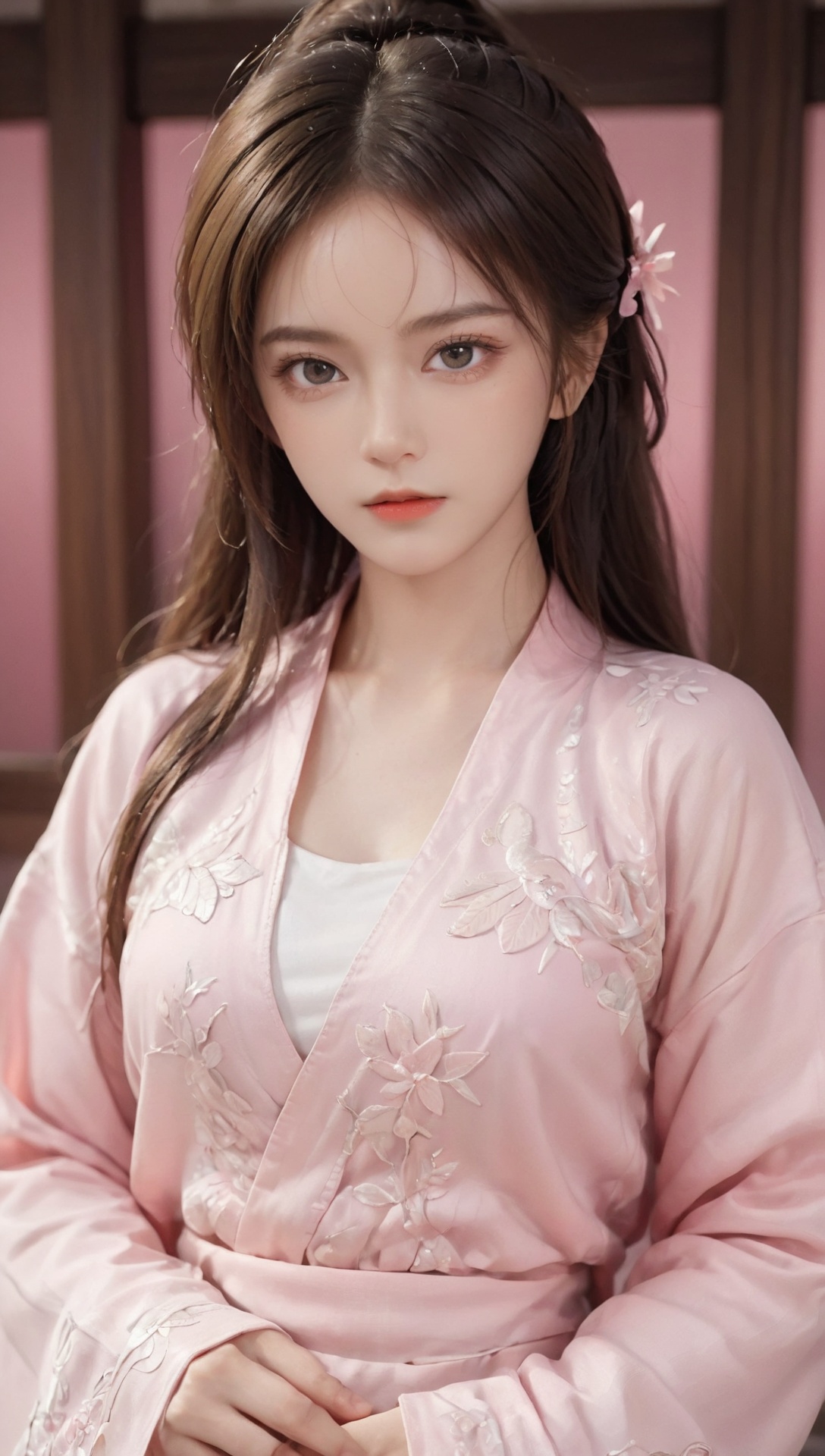 (best quality:1.5),(ultra detailed face, ultra detailed eyes, detailed mouth, detailed body, detailed hands, ultra detailed pink clothes, detailed background:1.5),(symmetrical intricate details + sharpen symmetrical details) | ((close up of dignified female martial artist with luscious hair and bright eyes)),