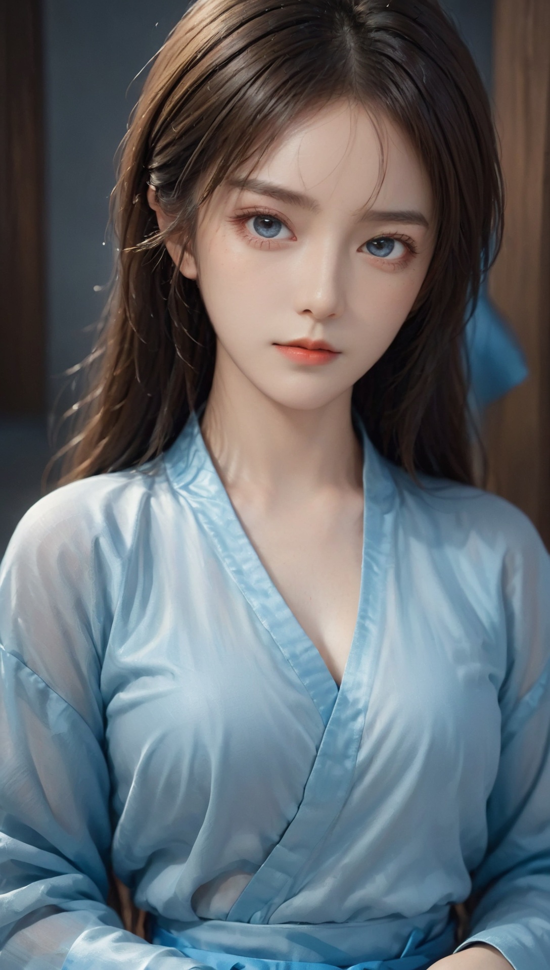(best quality:1.5),(ultra detailed face, ultra detailed eyes, detailed mouth, detailed body, detailed hands, ultra detailed blue clothes, detailed background:1.5),((close up of dignified female martial artist with luscious hair and bright eyes)),