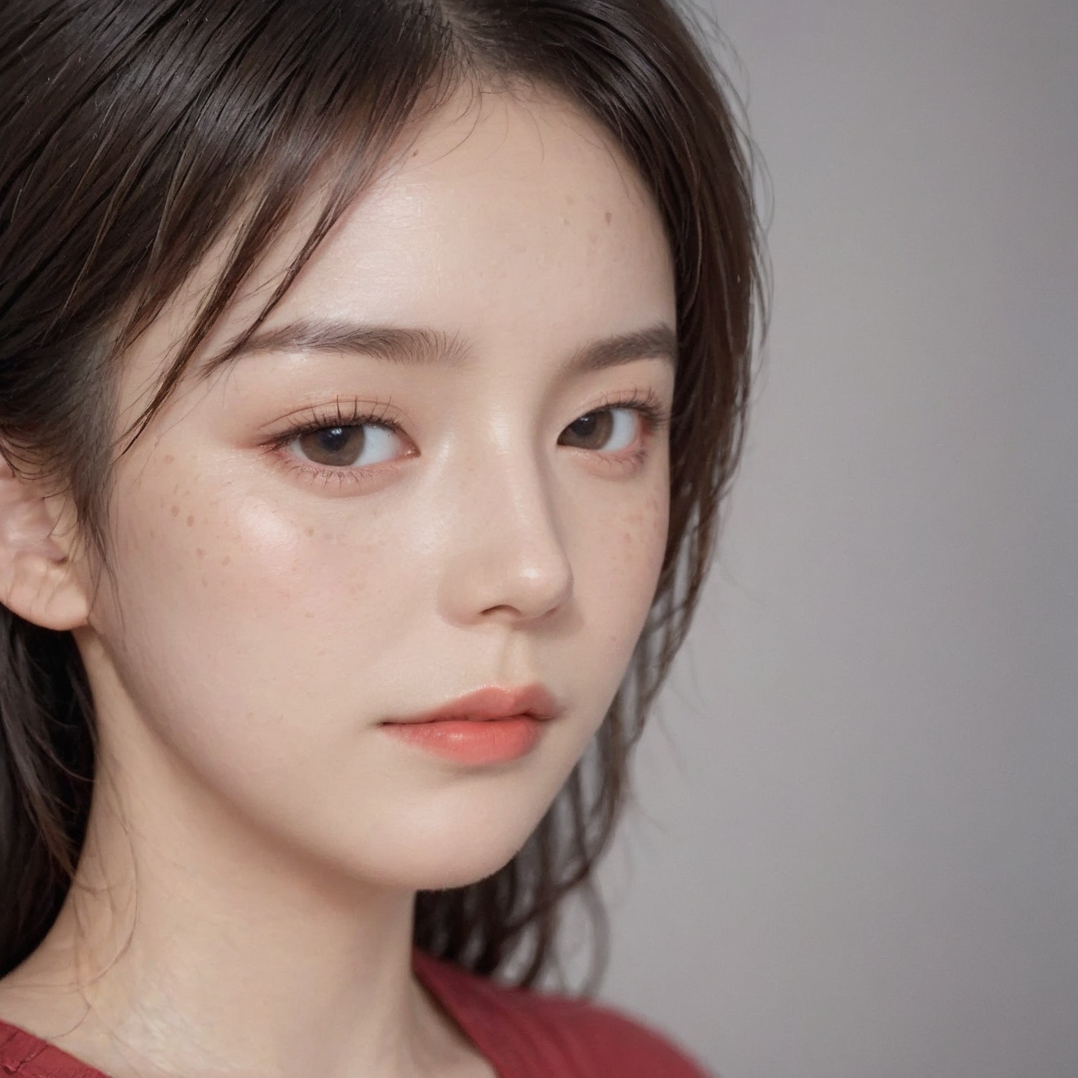 RAW photo,portrait of a beautiful woman wearing a red shirt (high detailed skin:1.2),8k uhd,dslr,soft lighting,high quality,film grain,Fujifilm XT3,upper body,cute face,eye level,focus on eyes,dappled light on face,pale skin,no make-up,detailed face and eyes,natural skin texture,highly detailed skin,textured skin,skin pores,[[[oiled shiny skin]]],skin blemish,imperfect skin,intricate skin details,visible skin detail,detailed skin texture,subsurface scattering,blush,few freckles,few moles,goosebumps,minor skin imperfections,skin pores,[[[wrinkles]]],vitiligo spots,whiteheads,blackhead,white pimples,red pimples,beauty spot,[[[[skin fuzz]]]],remarkable detailed pupils,detailed iris,very thin eyebrows,