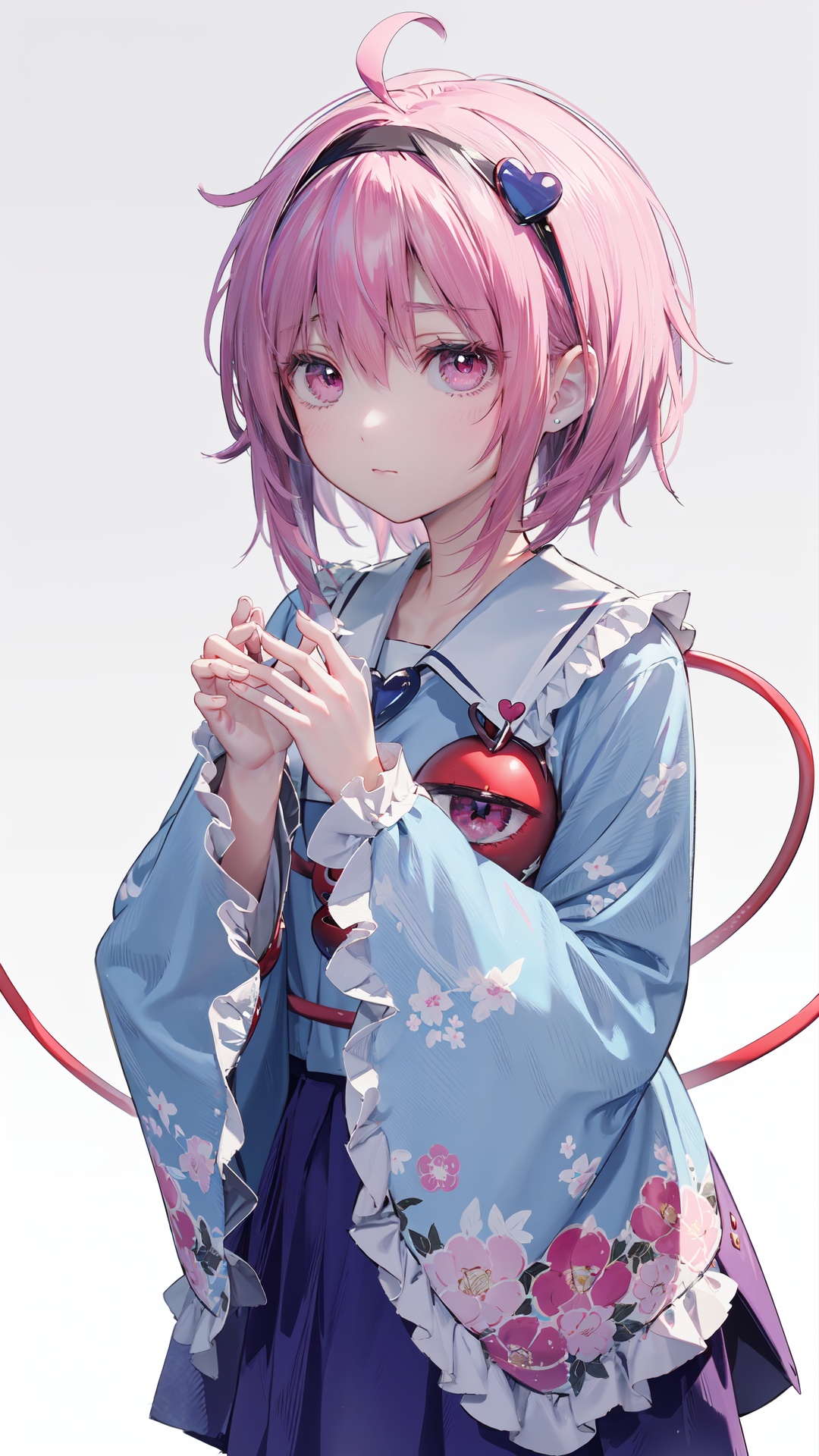 masterpiece,best quality,1girl,komeiji satori,ahoge,pink hair,pink eyes,short hair,hairband,frilled shirt collar,blue shirt,pink skirt,floral print,long sleeves,wide sleeves,sleeves past wrists,heart,third eye,grey background,