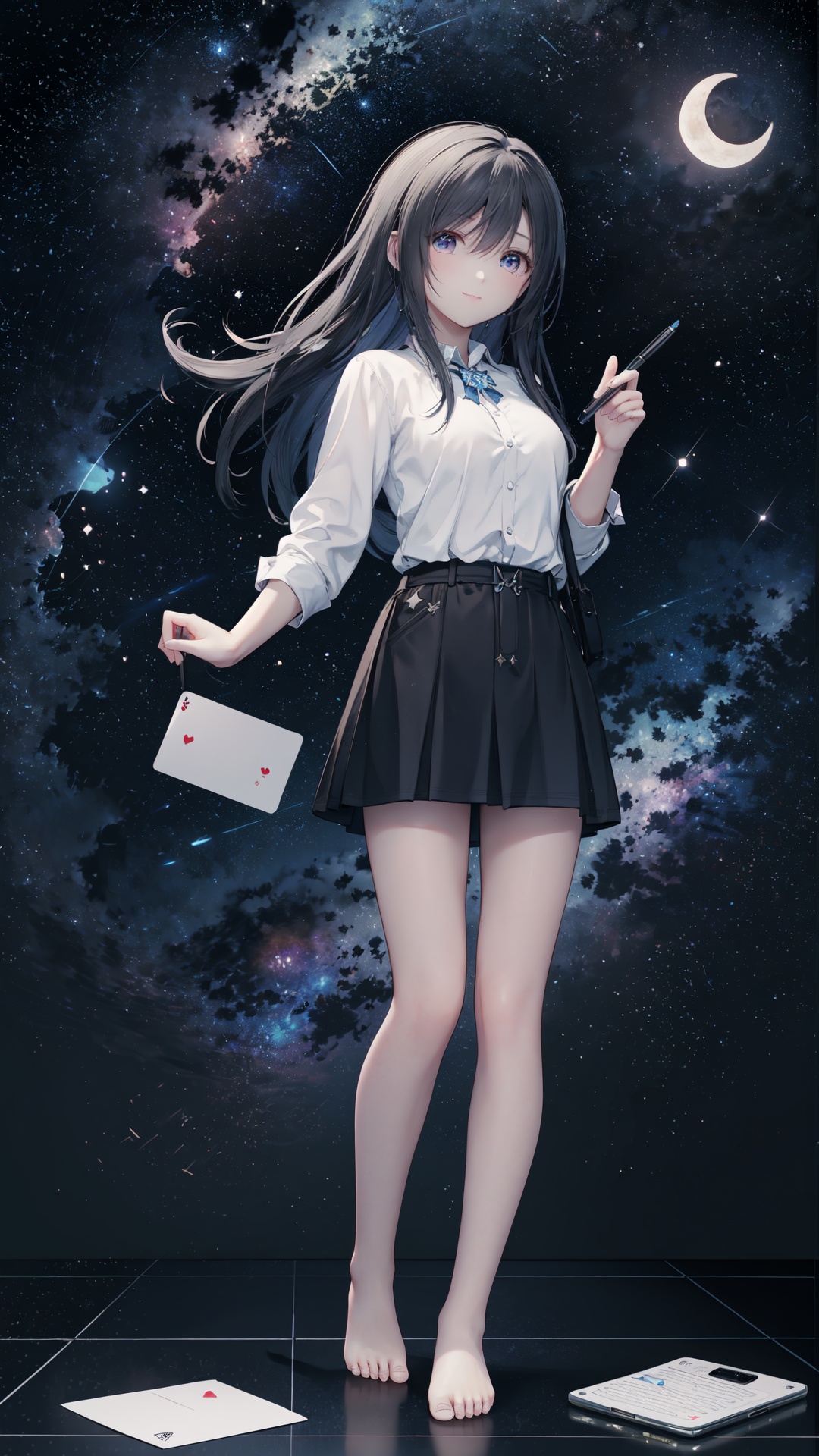 (((full body))),finely detail,Depth of field,(((masterpiece))),((extremely detailed CG unity 8k wallpaper)),best quality,high resolution illustration,Amazing,intricate detail,(best illumination, best shadow, an extremely delicate and beautiful),star_\(sky\),starry_sky,space,shooting_star,1girl,constellation,planet,night_sky,pencil,starry_sky_print,blue_eyes,night,palette_\(object\),earth_\(planet\),feet,phone,sky,solo,moon,barefoot,eraser,long_sleeves,blue_hair,book,looking_at_viewer,telescope,pen,shirt,cellphone,smile,card,paper,star_\(symbol\),handheld_game_console,notebook,galaxy,crescent_moon,clock,cloud,white_shirt,milky_way,cityscape,globe,light_particles,