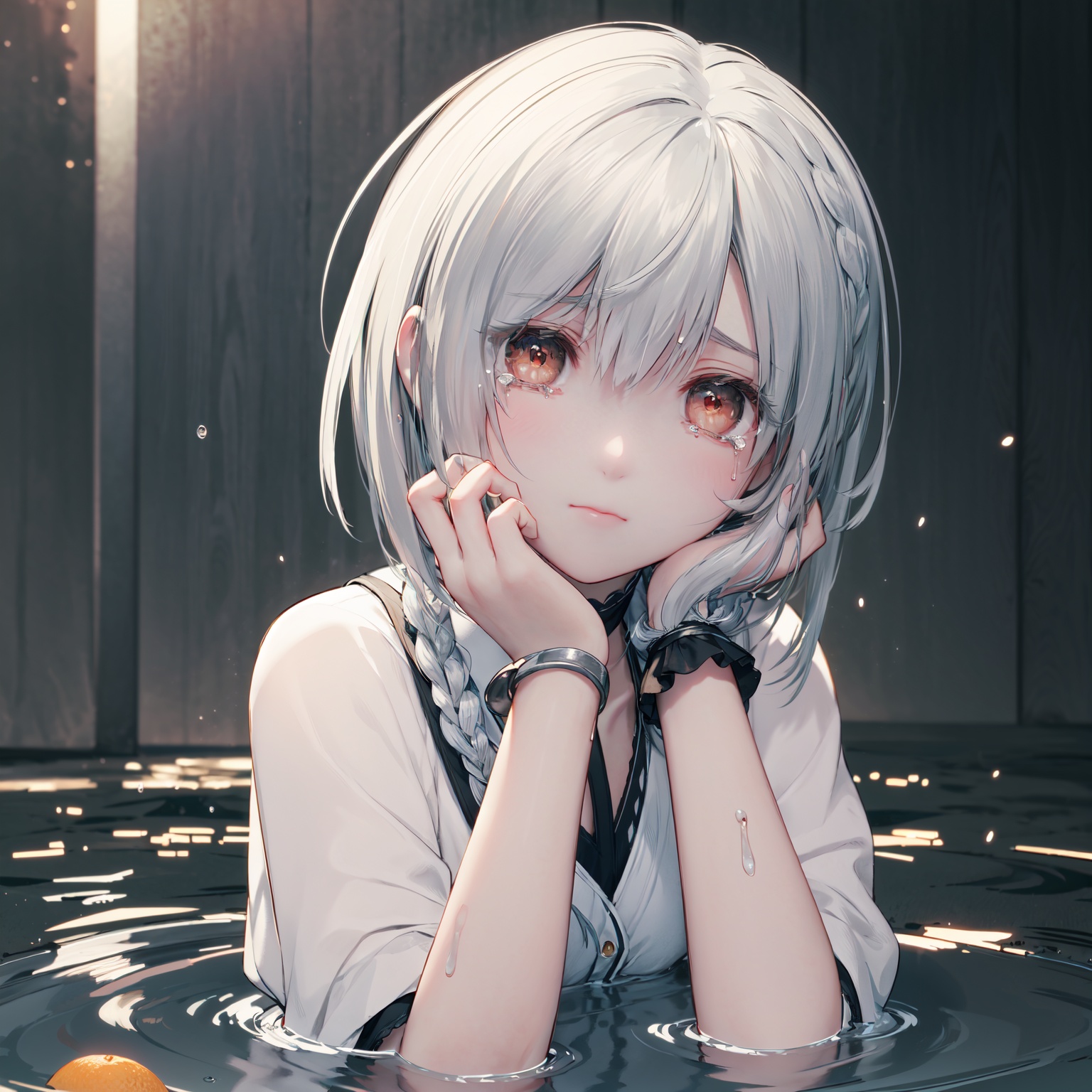 finely detail, Depth of field, (((masterpiece))), ((extremely detailed CG unity 8k wallpaper)), best quality, high resolution illustration, Amazing, intricate detail, (best illumination, best shadow, an extremely delicate and beautiful), (streaming tears), sad, (Sugar orange), (Sugar orange), (Sugar orange), looking at viewer, both hands on own cheek, White shirt, (white hair, short hair, braid, bangs:1.2), (glowing eyes), ripples, dark water, In water,