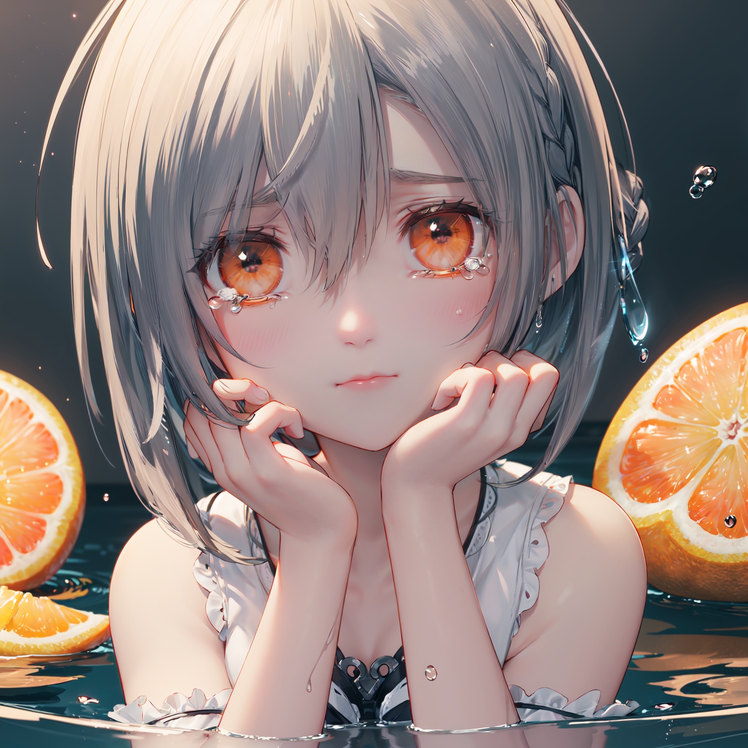 finely detail, Depth of field, (((masterpiece))), ((extremely detailed CG unity 8k wallpaper)), best quality, high resolution illustration, Amazing, intricate detail, (best illumination, best shadow, an extremely delicate and beautiful), Peeled oranges,(streaming tears), sad, (orange), (orange), (orange), looking at viewer, both hands on own cheek, White shirt, (white hair, short hair, braid, bangs:1.2), (glowing eyes), ripples, dark water, In water,