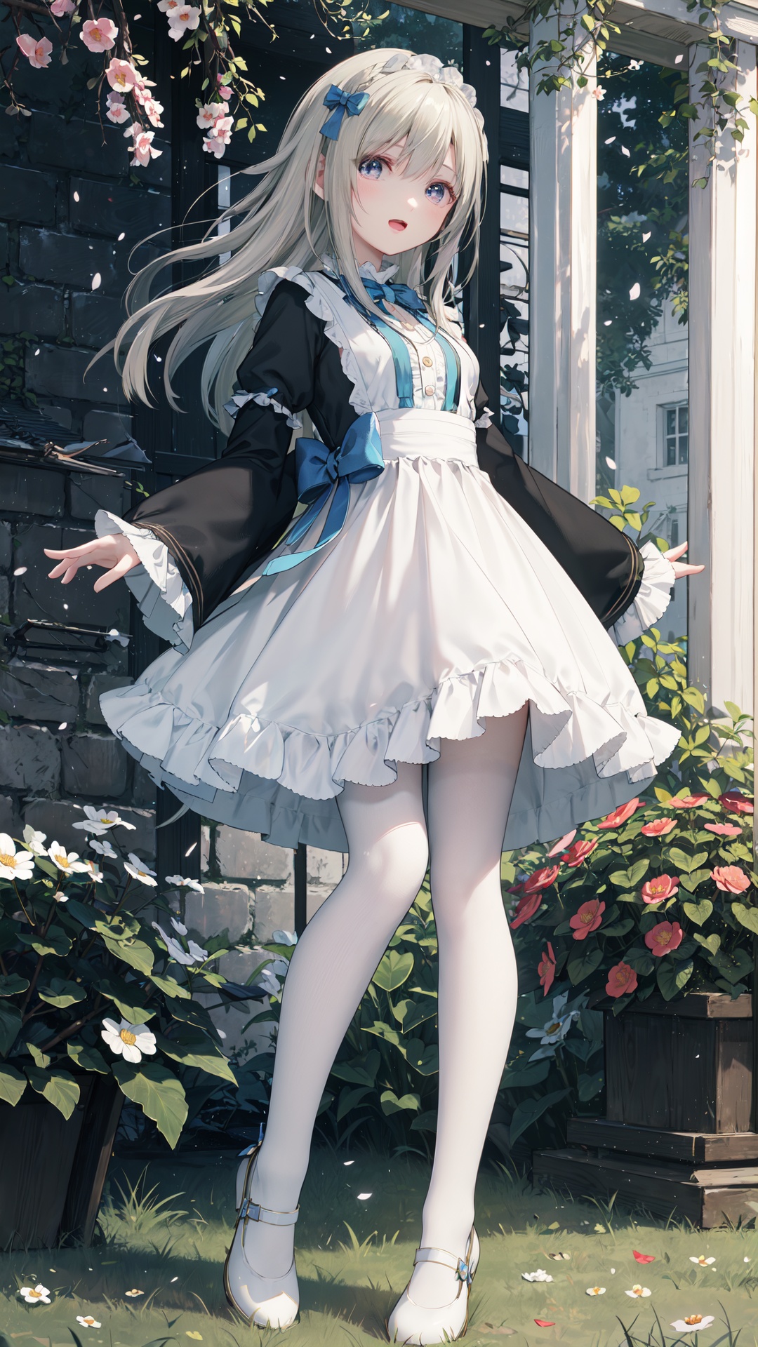 masterpiece, best quality, best quality, Amazing, beautiful detailed , The morning of green courtyard with flourishing flowers and plants in spring, eyes, 1girl, finely detail, Depth of field, extremely detailed CG unity 8k wallpaper, full body, (alice), alice in wonderland, Blond Hair, Blue hair band, cowboy shot , hiten_1, smile, game_cg, strong rim light, {close-up}, blunt_bangs, ((( full body))), (floating hair), (looking_at_viewer), open mouth, (looking_at_viewer), open mouth, blue eyes, Blonde_hair, Beautiful eyes, gradient hair, ((white_frilled_dress)), ((white pantyhose)), (long sleeves), (juliet_sleeves), (puffy sleeves), white hair bow, Skirt pleats, blue dress bow, blue_large_bow, (((stading))), sleeves past wrists, sleeves past fingers