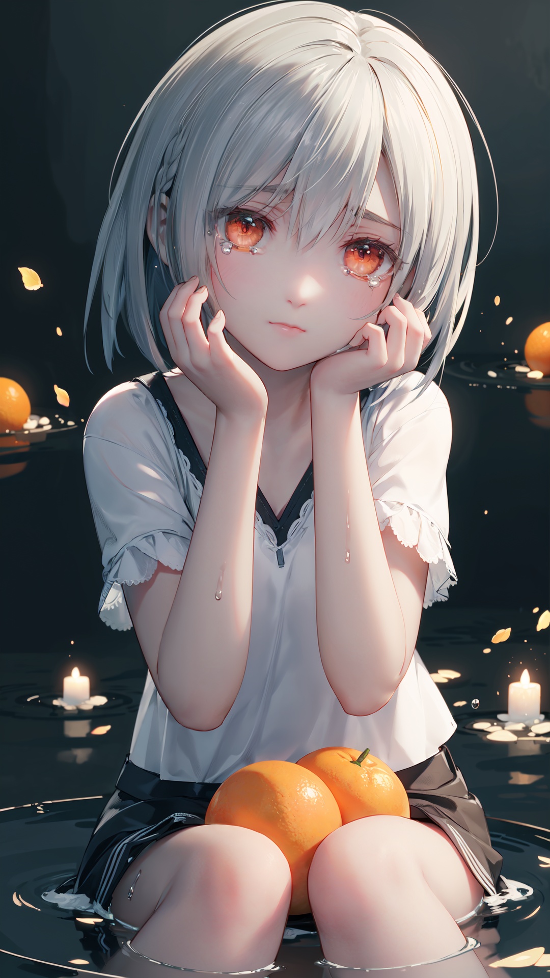 finely detail, Depth of field, (((masterpiece))), ((extremely detailed CG unity 8k wallpaper)), best quality, high resolution illustration, Amazing, intricate detail, (best illumination, best shadow, an extremely delicate and beautiful), Peeled oranges, (streaming tears), sad, orange tree, (orange), (orange), (orange), looking at viewer, both hands on own cheek, White shirt, (white hair, short hair, braid, bangs:1.2), (glowing eyes), ripples, dark water, In water,,,,,,