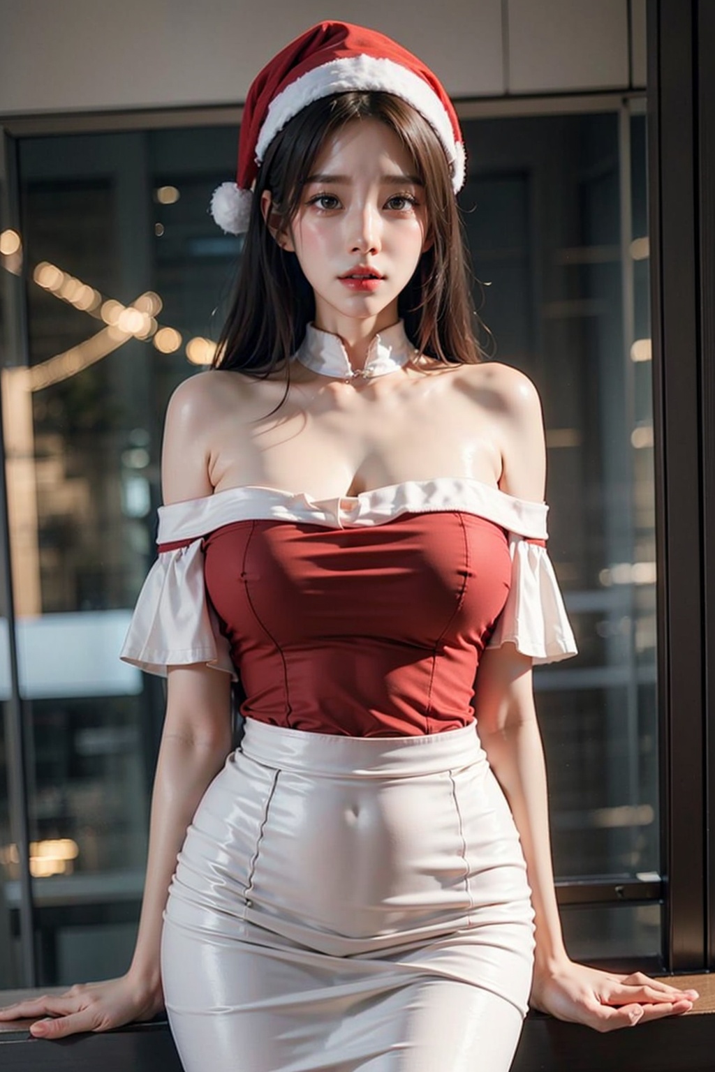 (Representative work: 1.3), highest quality, illustrations, sunshine, (Beauty of details: 1.3) Looking at the audience, big chest, ribbons, 8K quality, realistic visual effects, volume lighting, movie image quality, ultimate details, complex and exquisite details, Christmas attire/off shoulder red, Christmas hat red and white, full body lens