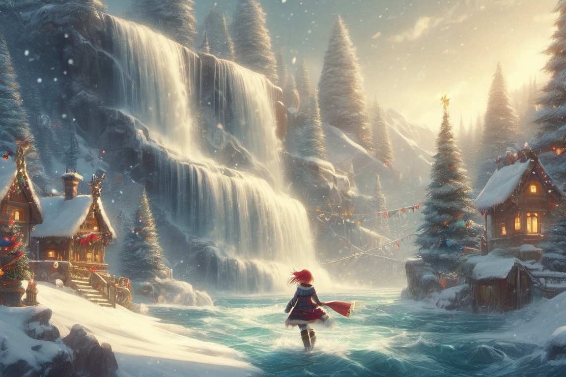 Christmas Fantasy World, 1girl, water_fall, 16k, render, close_up