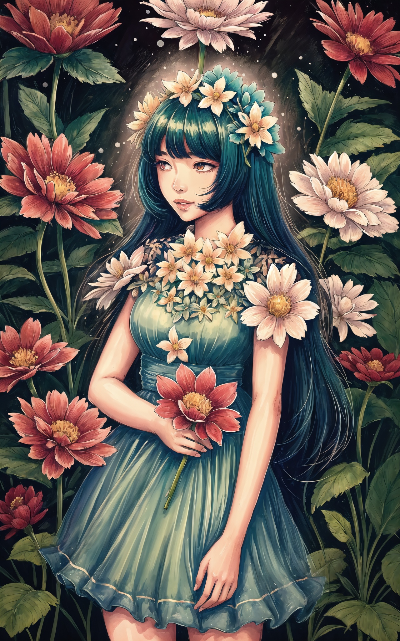 woman,  flower dress,  colorful on Tensor.Art