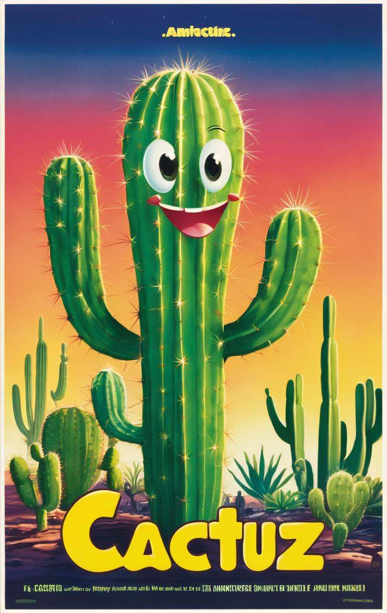 Cartoon of a happy cacto, with title "Cactuz" on it ,Movie Poster, MoviePosterRedAF,,<lora:MoviePosterRedAFConfig4DebiComTE:1>