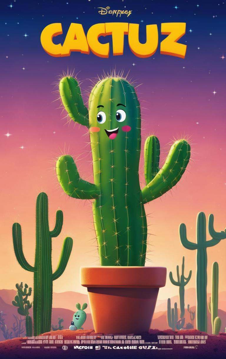 Cartoon of a happy cacto, with title "Cactuz" on it ,Movie Poster, MoviePosterRedAF,,<lora:MoviePosterRedAFConfig4DebiComTE:1>