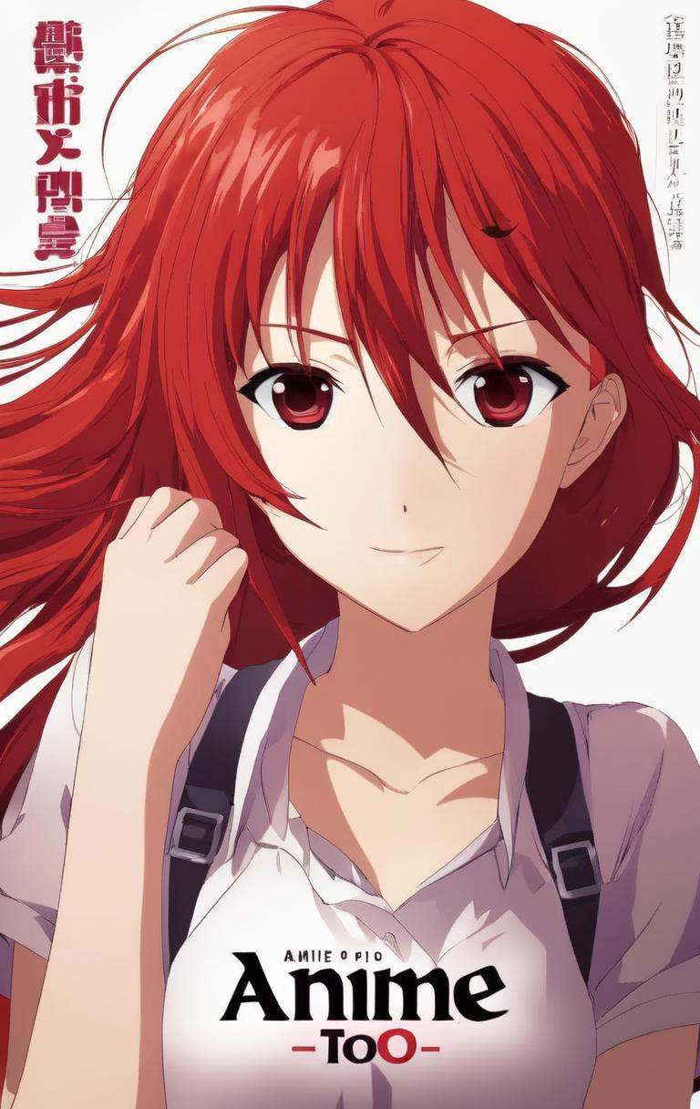 1girl, red hair, anime style, anime, with title "ANIME TOO" on it ,Movie Poster, MoviePosterRedAF,,<lora:MoviePosterRedAFConfig4DebiComTE:1>