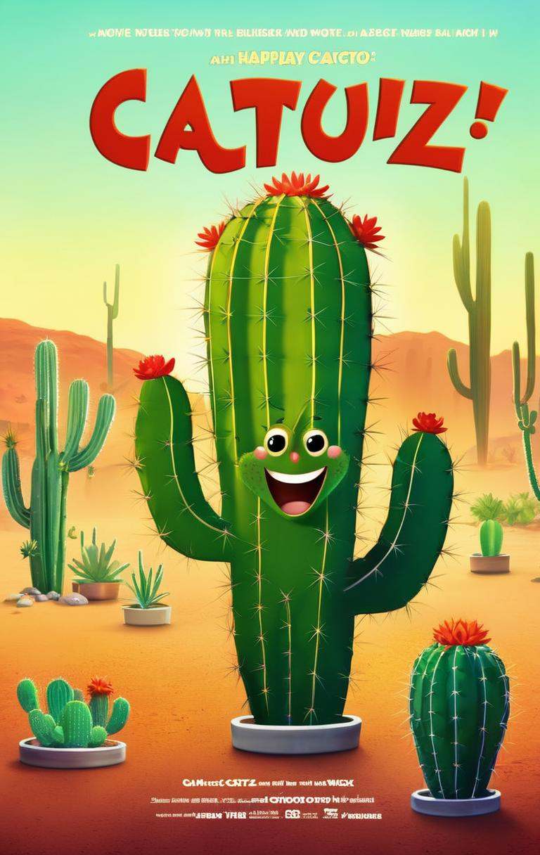 Cartoon of a happy cacto, with title "Cactuz" on it ,Movie Poster, MoviePosterRedAF,,<lora:MoviePosterRedAFConfig4DebiComTE:1>