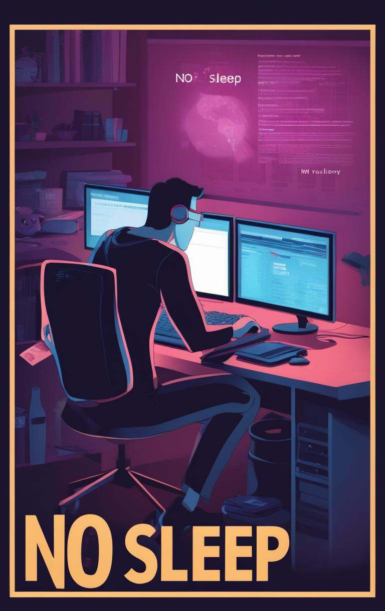 A dev working in a computer, cartoon, with title "NO SLEEP" on it ,Movie Poster, MoviePosterRedAF,,<lora:MoviePosterRedAFConfig4DebiComTE:1>
