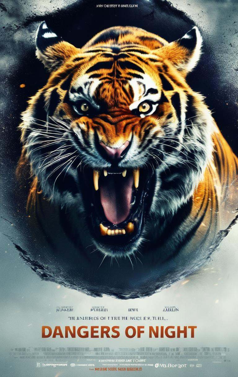 A angry tiger, dark scene, night, documentary, epic, cinematic, with title "DANGERS OF NIGHT" on it ,Movie Poster, MoviePosterRedAF,,<lora:MoviePosterRedAFConfig4DebiComTE:1>