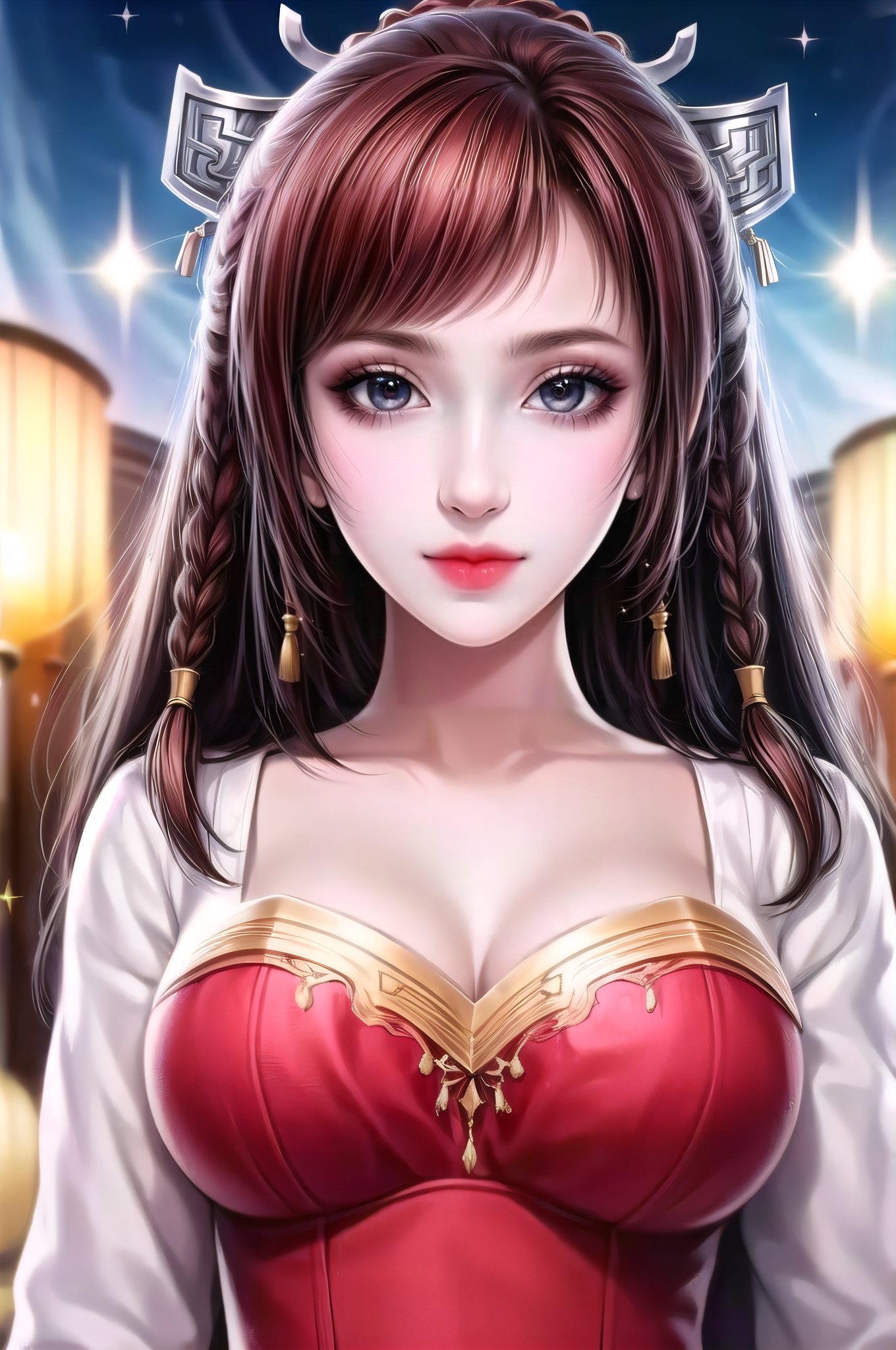 yuanshen, 1girl, solo, butterfly, bug, braid, brown hair, hair ornament, long hair, looking at viewer, upper body, twin braids, sparkle, dress,nice hands, ,curvy, Beautiful long legs,  Beautiful body,  Beautiful Nose,  Beautiful character design,  perfect eyes,  perfect face,  expressive eyes,  perfect balance,  looking at viewer,  closed mouth,  (innocent_big_eyes:1),  (Light_Smile:0.3),  official art,  extremely detailed CG unity 8k wallpaper,  perfect lighting,  Colorful,  Bright_Front_face_Lighting,  White skin,  (masterpiece:1),  (best_quality:1),  ultra high res,  4K,  ultra-detailed,  photography,  8K,  HDR,  highres,  absurdres:1.2,  Kodak portra 400,  film grain,  blurry background,  bokeh:1.2,  lens flare,  (vibrant_color:1.2),  professional photograph,  (Beautiful,  large breasts:1.6),  (beautiful_face:1.5),  (narrow_waist), rofessional photograph, (narrow_waist), , dark studio,