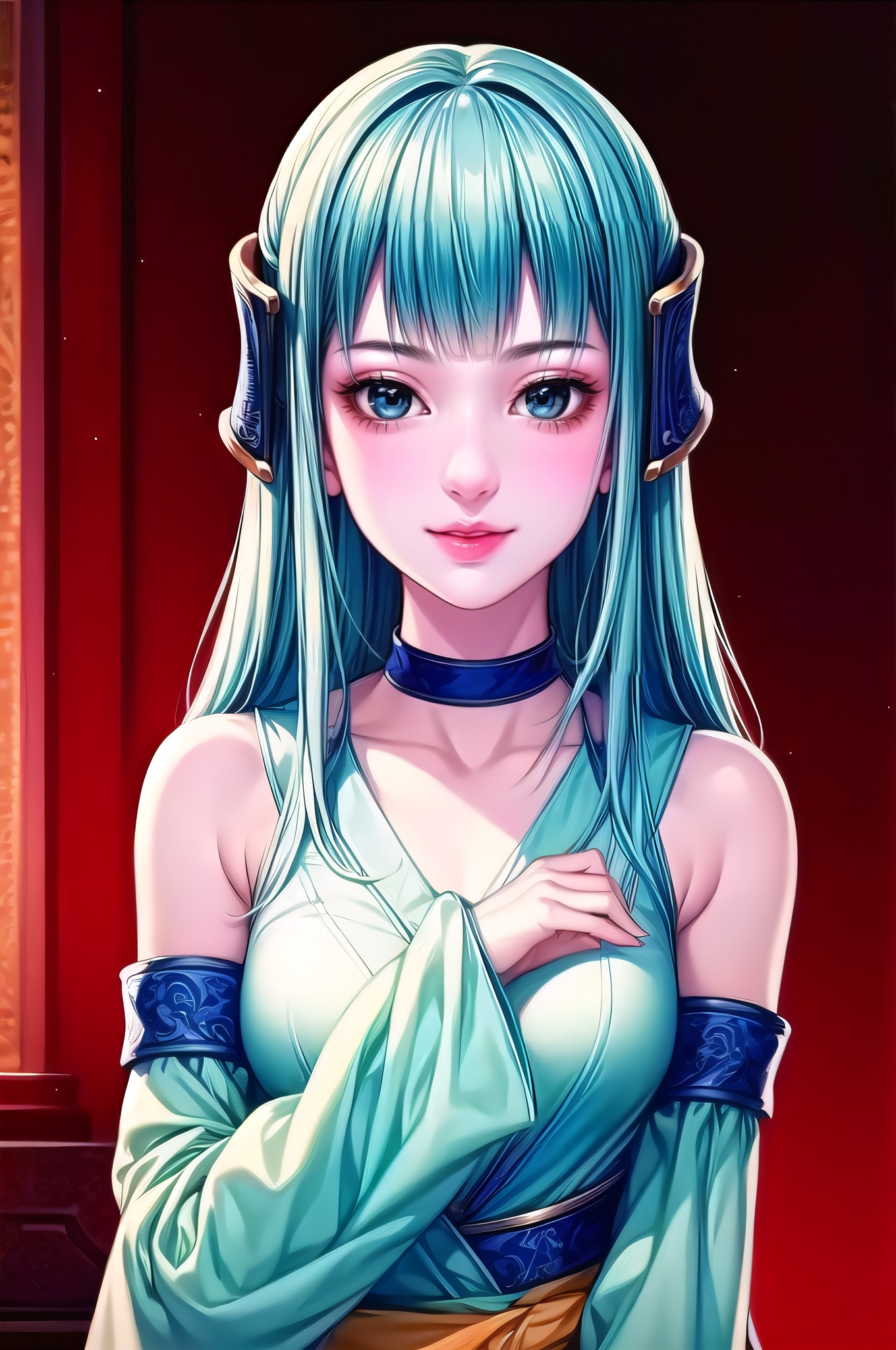 yuanshen, 1girl, solo, blue eyes, blue hair, long hair, detached sleeves, flower, looking at viewer, bangs, smile, own hands together, blunt bangs, upper body, wide sleeves,  hair ornament, choker, collarbone,nice hands, perfect balance,  (looking at viewer:1.5),  closed mouth,  (Light_Smile:0.3),  official art,  extremely detailed CG unity 8k wallpaper,  perfect lighting,  Colorful,  Bright_Front_face_Lighting,  White skin,  (masterpiece:1),  (best_quality:1),  ultra high res,  4K,  ultra-detailed,  photography,  8K,  HDR,  highres,  absurdres:1.2,  Kodak portra 400,  film grain,  blurry background,  bokeh:1.2,  lens flare,  (vibrant_color:1.2),  professional photograph,  (narrow_waist), dark studio