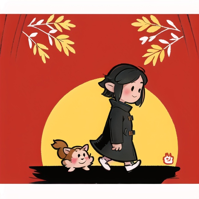 rchibi,  Cartoon fall bamboo forest background. Cute short female gnome with pointy ears. She is wearing a black winter co...