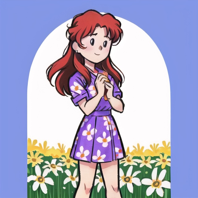 rchibi,  happy Misato Katsuragi from Neon Genesis Evangelion standing in a beautiful field of flowers,  colorful flowers e...