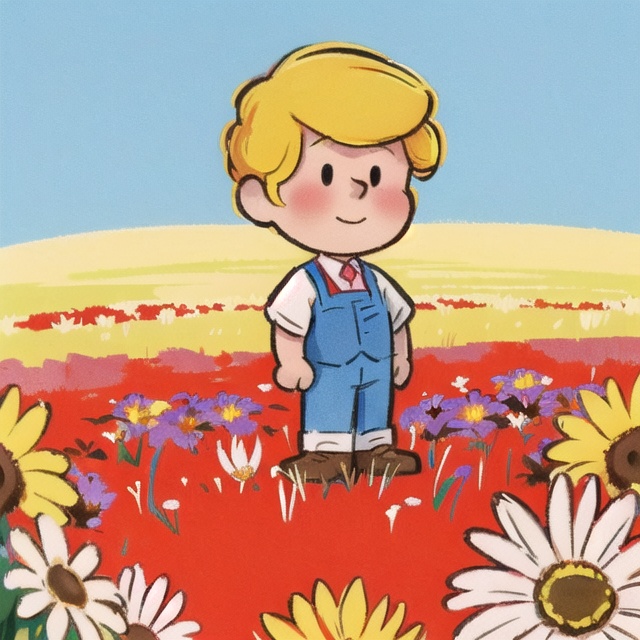 rchibi,  happy Donald Trump standing in a beautiful field of flowers,  colorful flowers everywhere on Tensor.Art