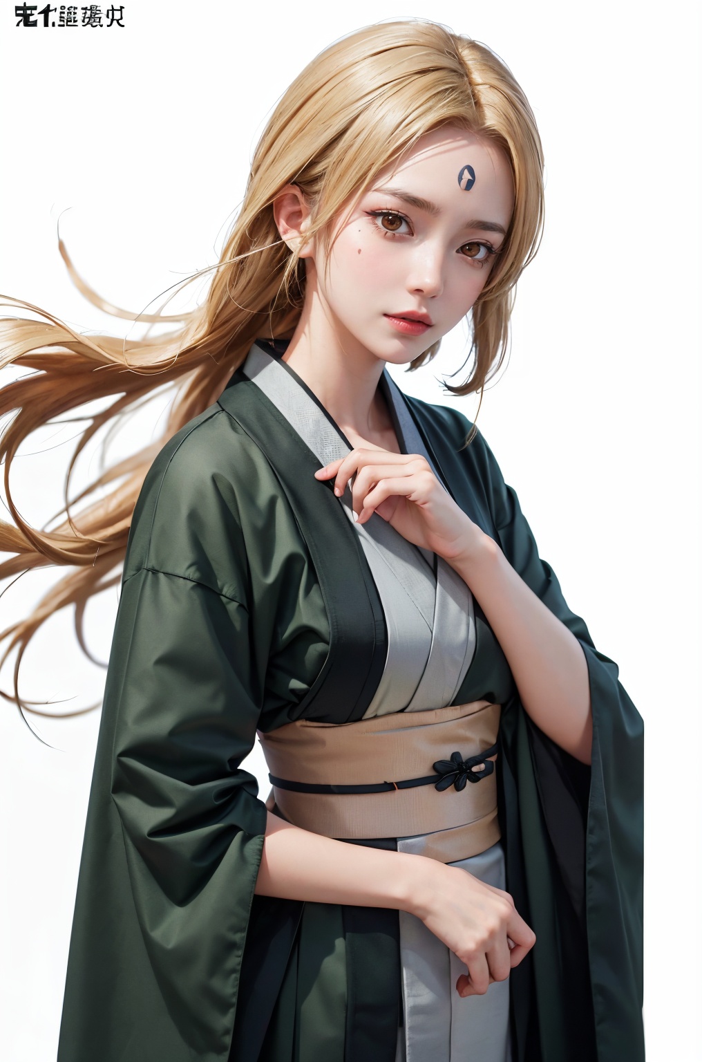 DSLR, (Good structure), HDR, UHD, 8K, A real person, Highly detailed, best quality, masterpiece, 1girl, realistic, Highly detailed, (EOS R8, 50mm, F1.2, 8K, RAW photo:1.2), ultra realistic 8k,
gangshou, 1girl, solo, tsunade \(naruto\), forehead mark, facial mark, blonde hair, japanese clothes, simple background, long hair, looking at viewer, white background, kimono, own hands together, long sleeves, sash, closed mouth, brown eyes, standing